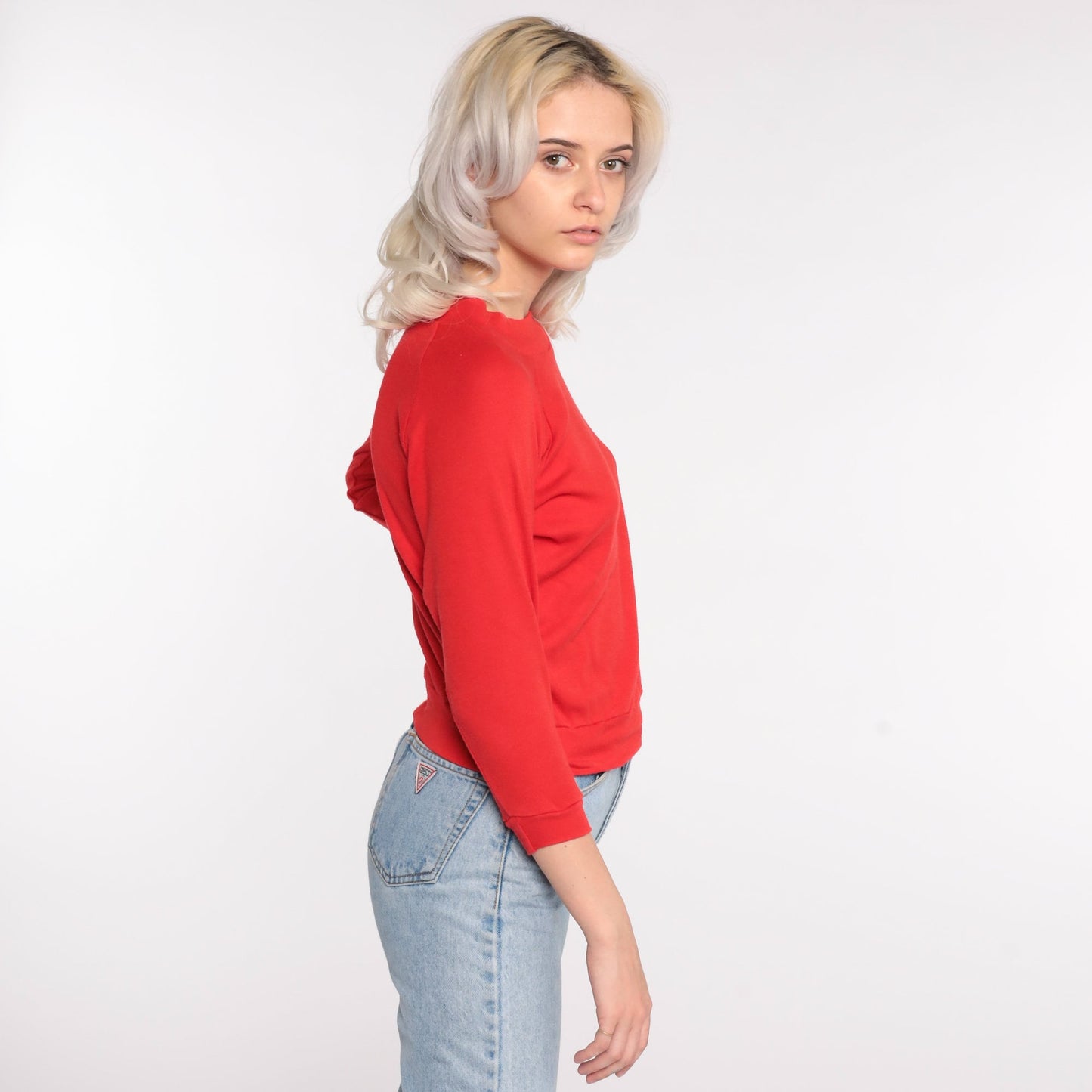 80s Red Cropped Raglan Sweatshirt Crewneck Pullover Extra Small XS