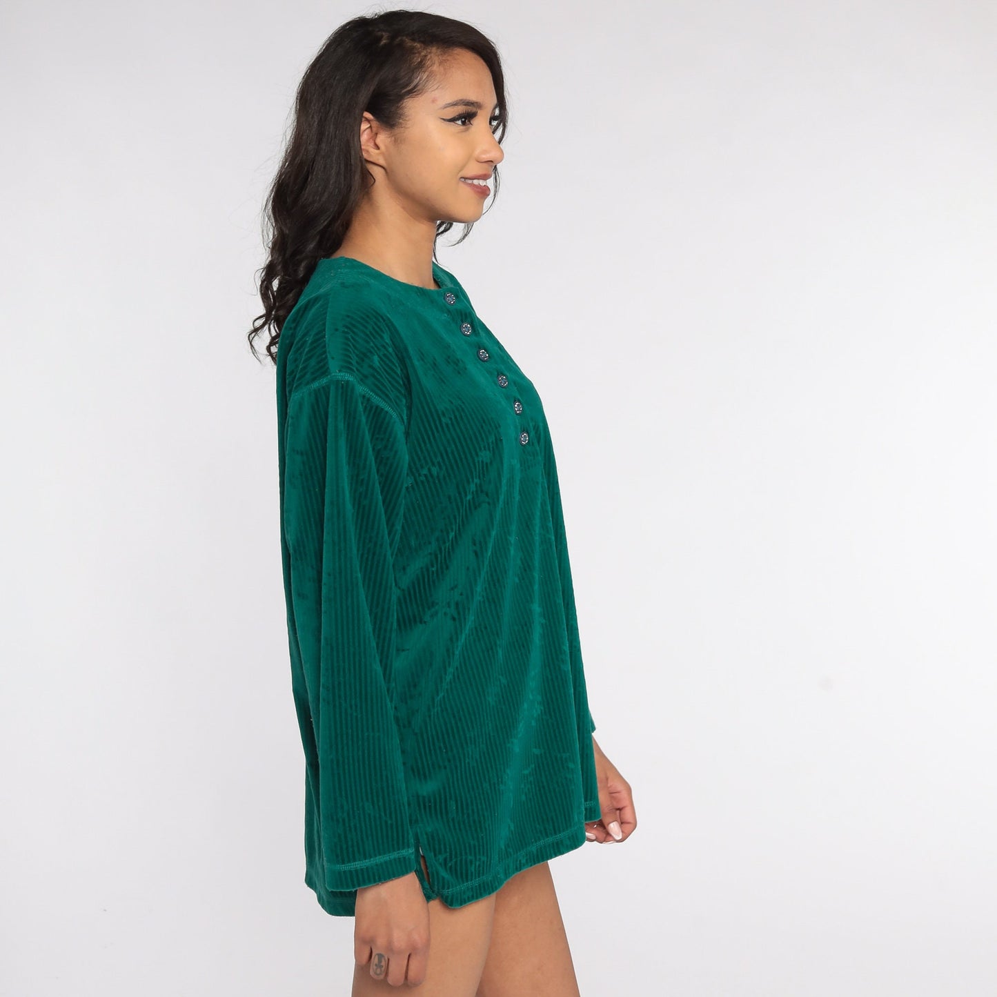 90s Green Floral Velour Henley Long Sleeve Shirt Medium