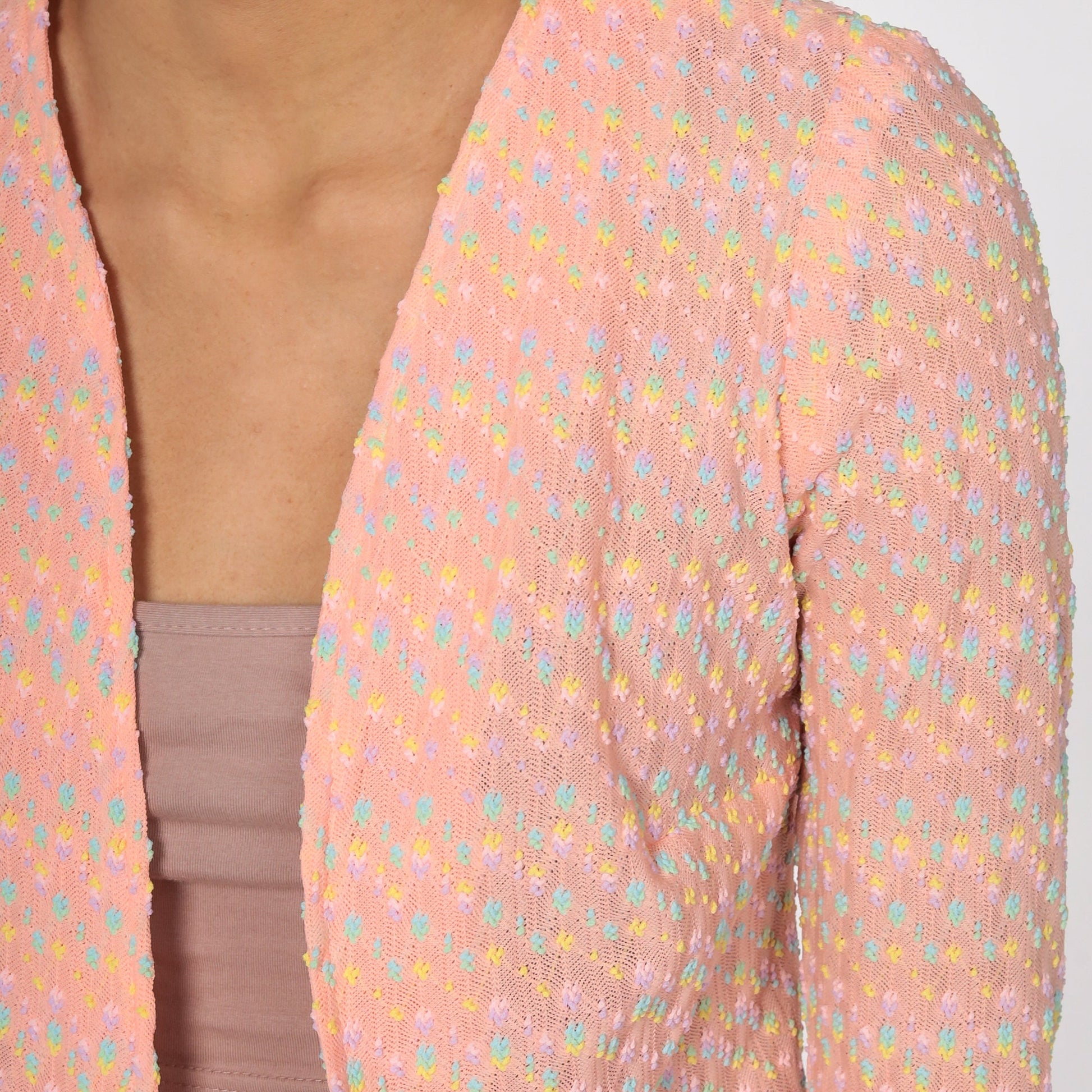 70s Baby Pink Flecked Open Front Blouse Long Sleeve Small