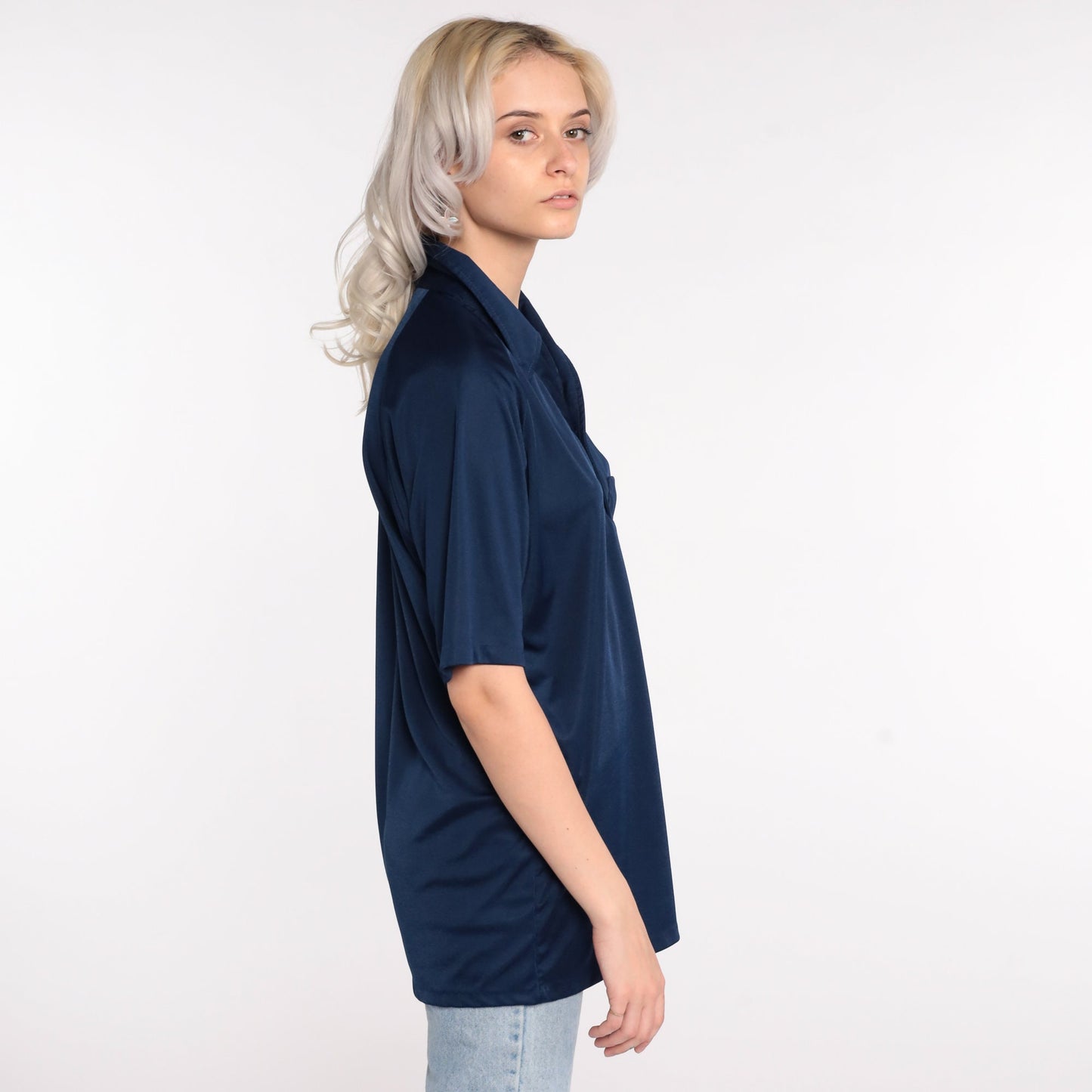 70s Dark Blue Polo Shirt Button-Up Collared Short Sleeve Large L
