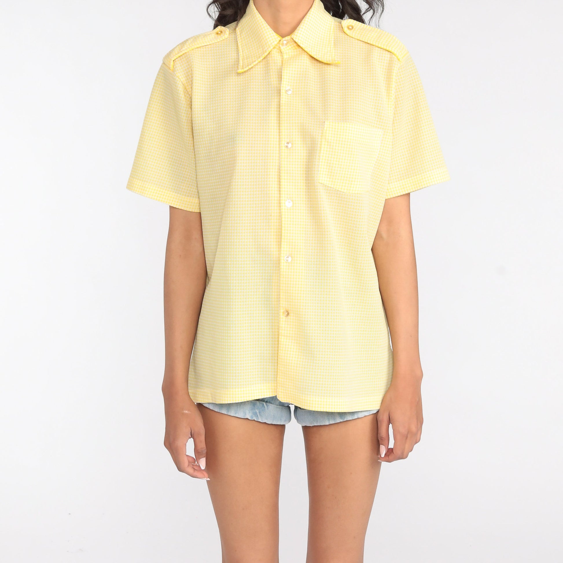 70s Yellow Grid Print Button Up Shirt Short Sleeve Epaulette Top Large