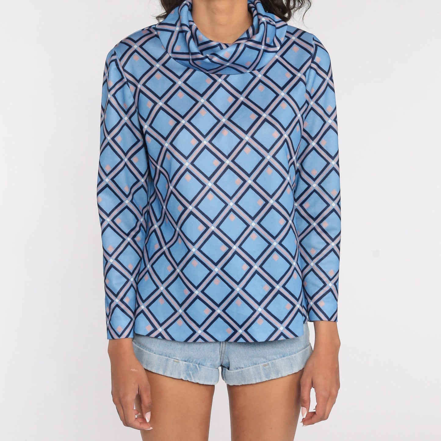 70s Blue Geometric Turtleneck Shirt Long Sleeve Top Medium