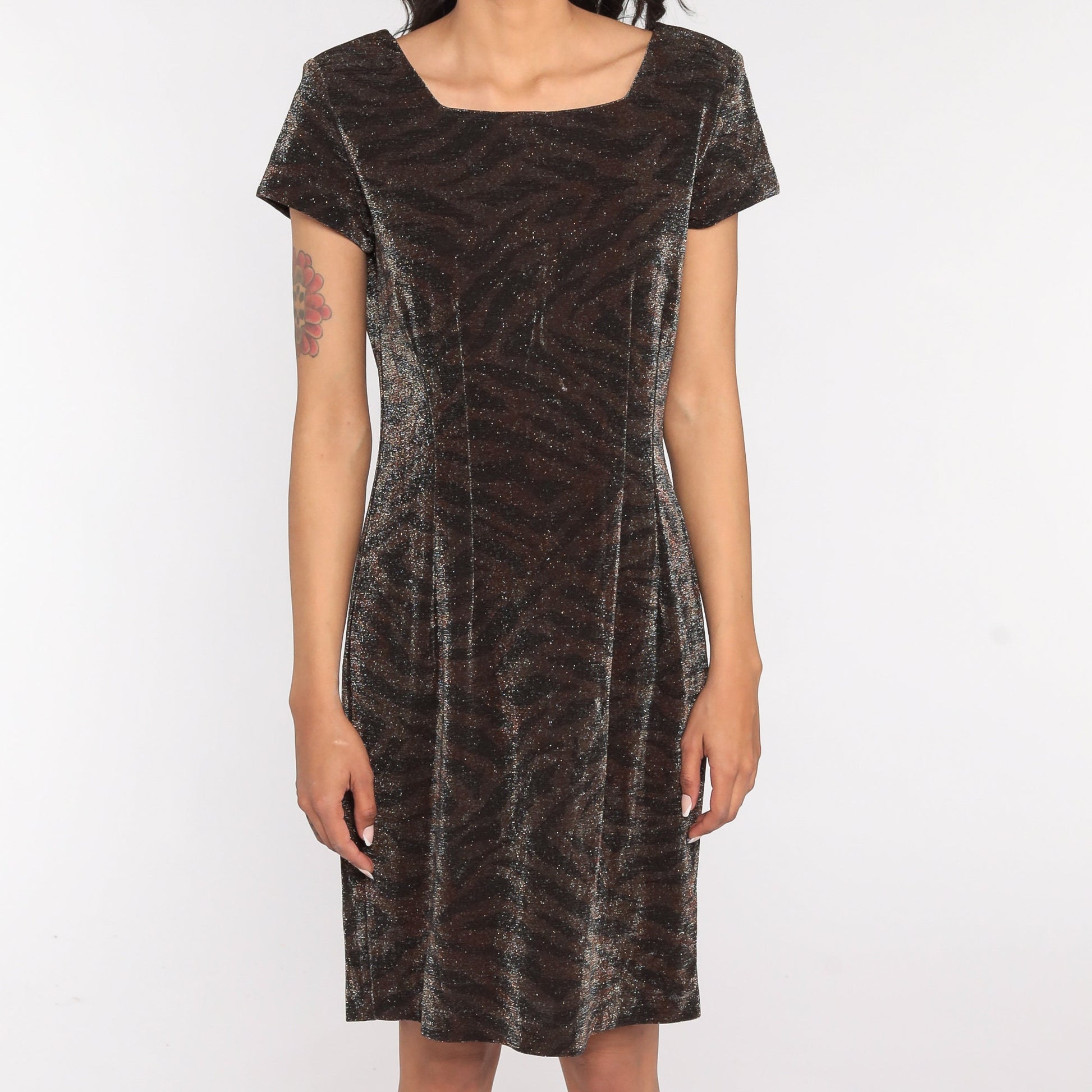 90s Metallic Tiger Stripe Mini Dress Short Sleeve Shift Minidress Medium