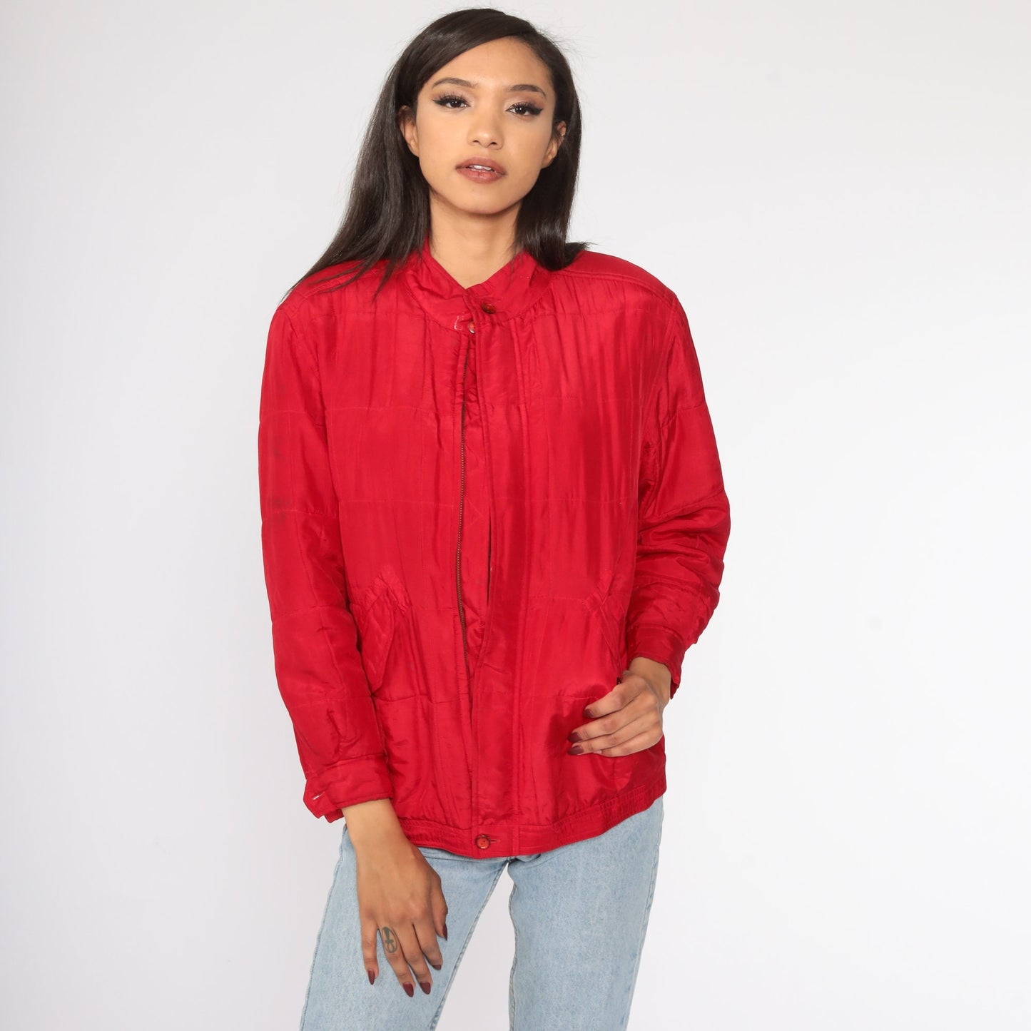 80s Red Silk Windbreaker Jacket Front Zip Petite Small
