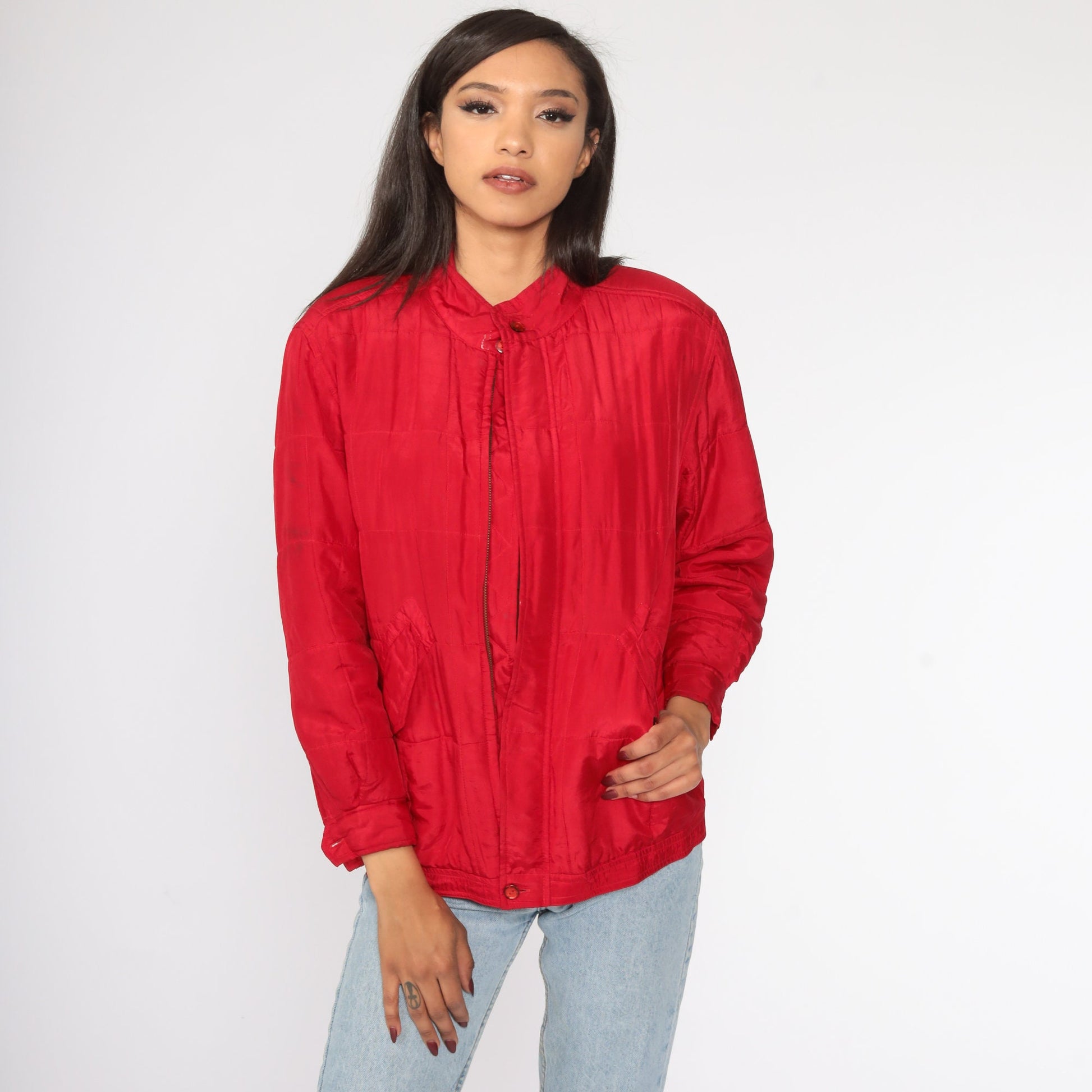 80s Red Silk Windbreaker Jacket Front Zip Petite Small