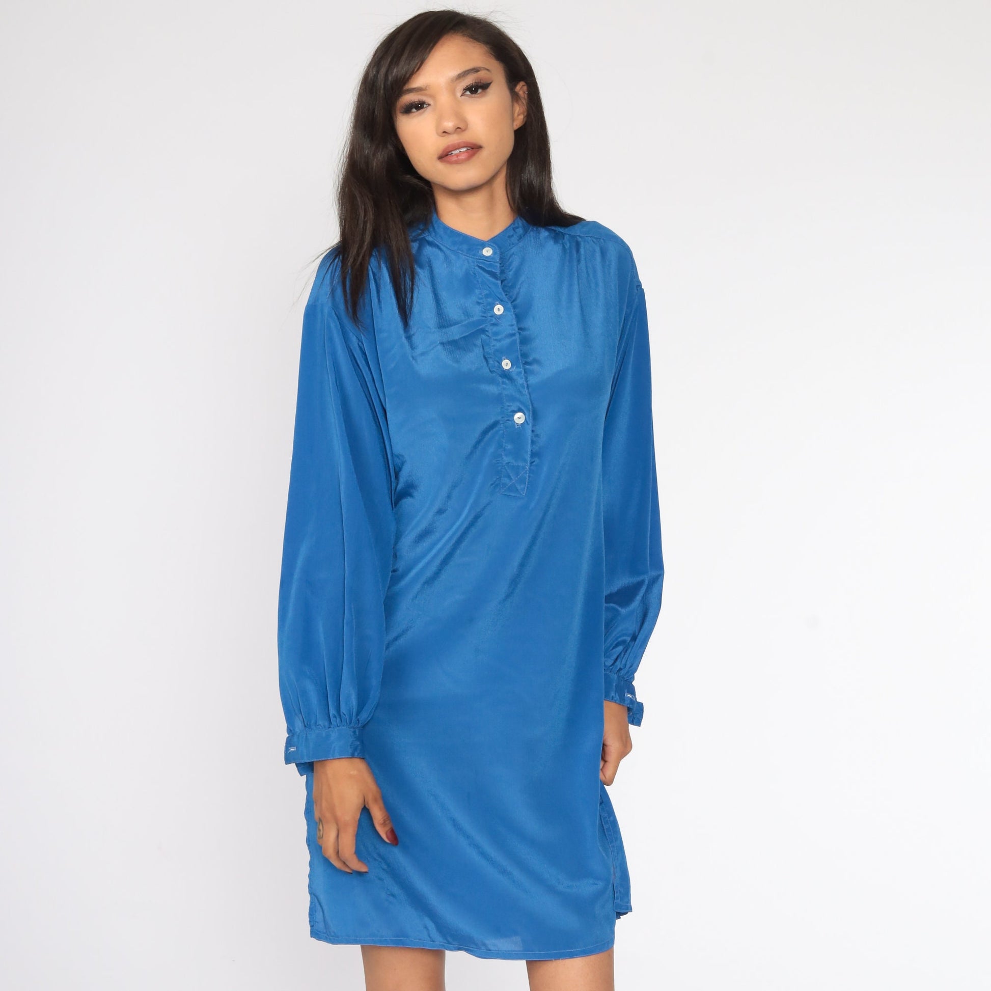 80s Blue Button-Up Shift Dress Long Sleeve Mini Shirtdress Medium Large