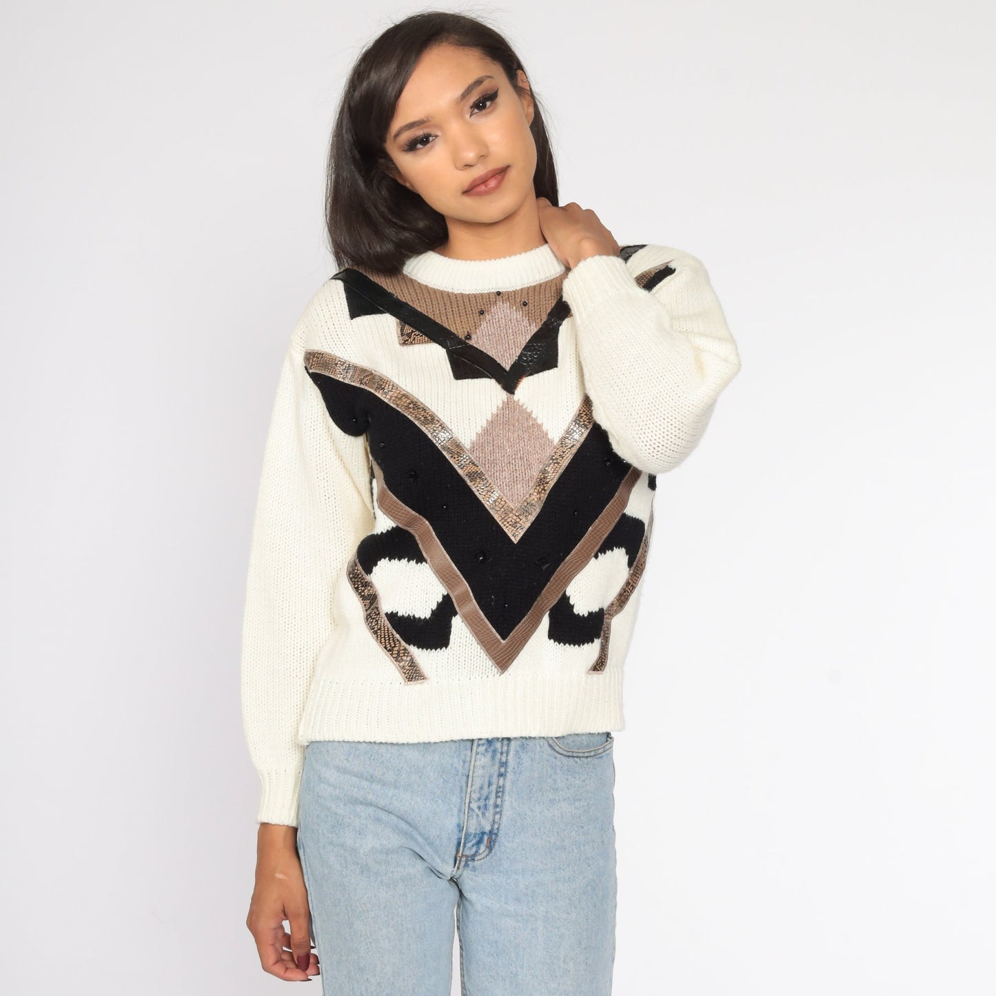 80s Geometric Knit Sweater Cream Pullover Slouchy Medium
