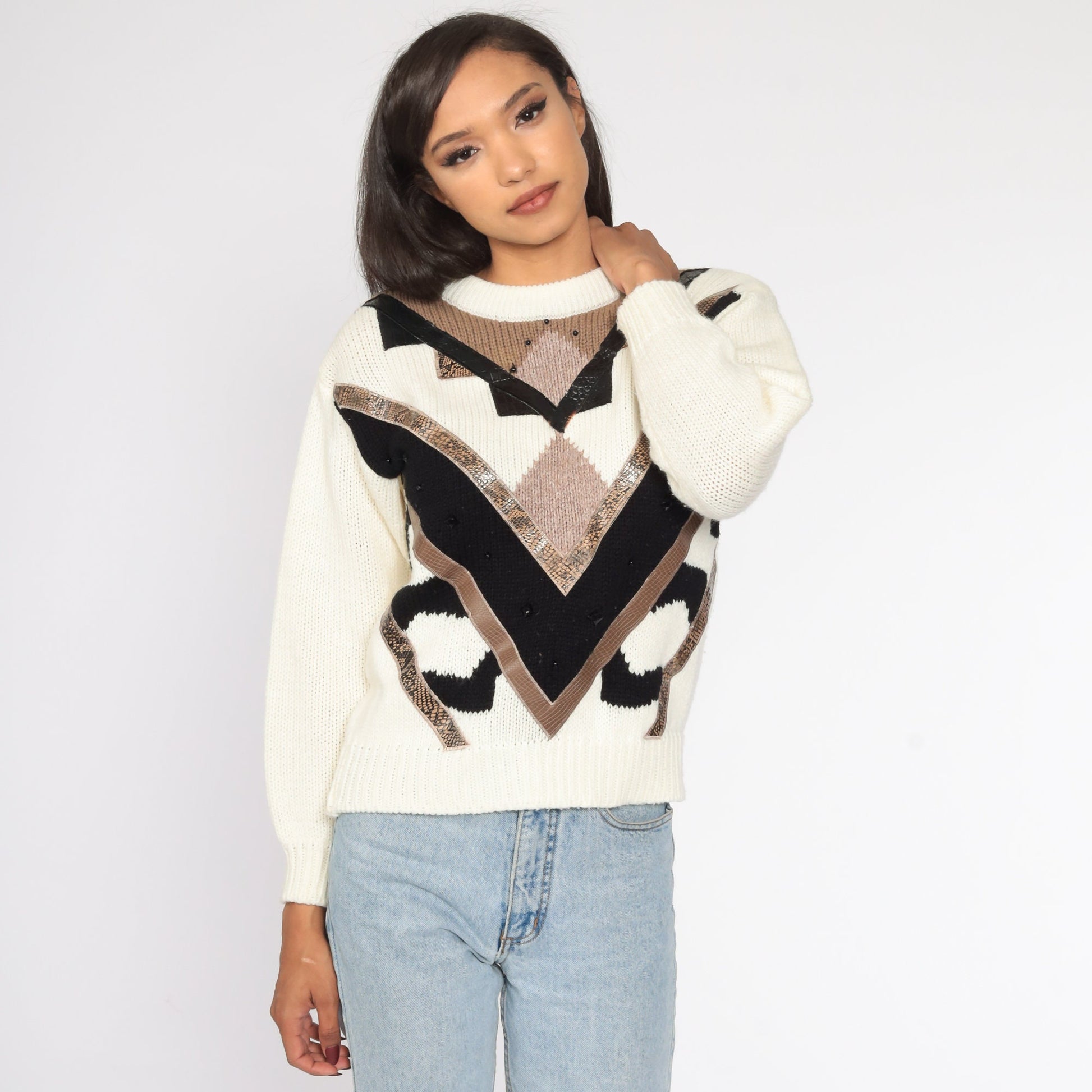 80s Geometric Knit Sweater Cream Pullover Slouchy Medium