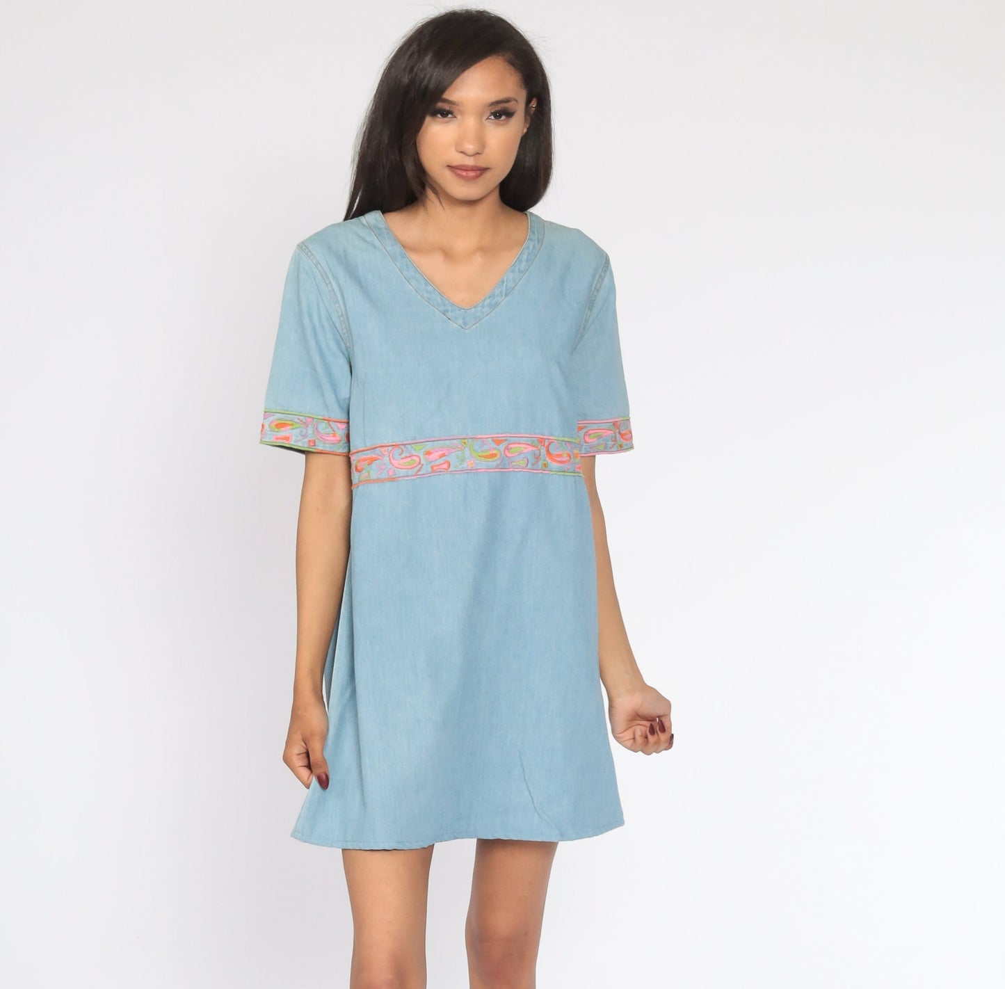 90s Embroidered Paisley Denim Mini Dress Blue Cotton Shift Medium