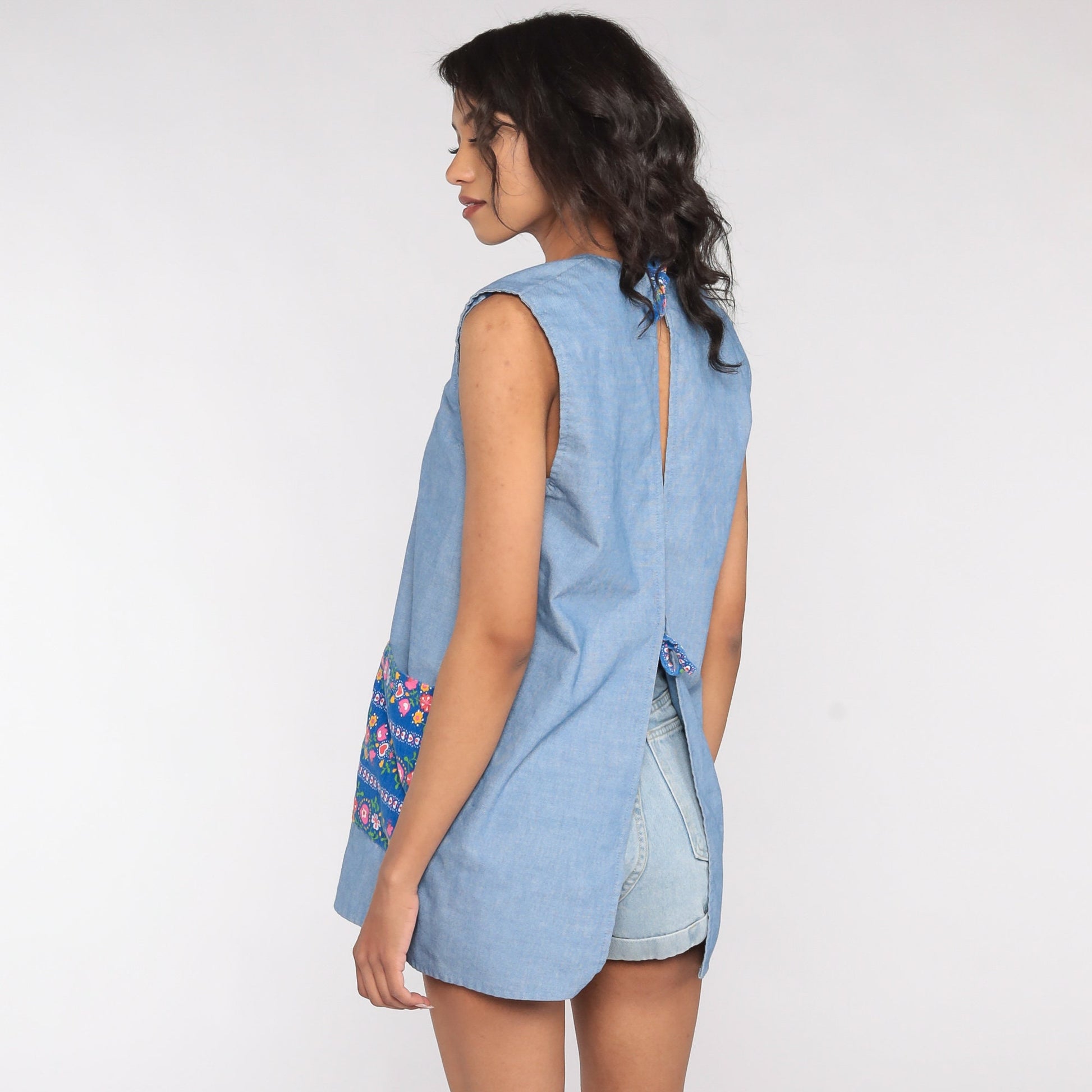 70s Blue Floral Blouse Open Back Sleeveless Cotton Top Small Medium