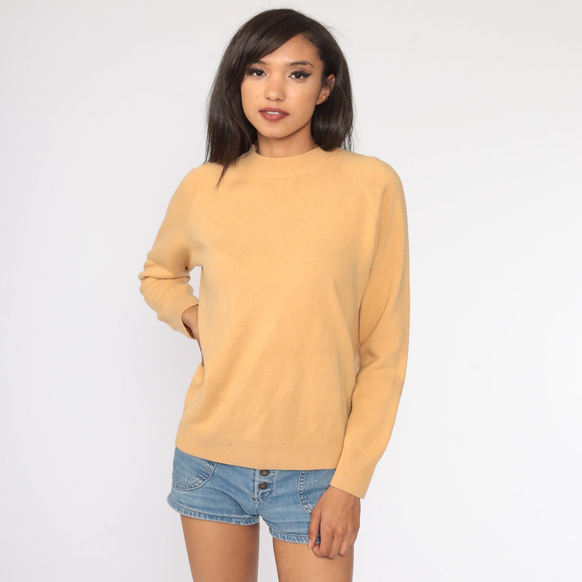 70s Tan Knit Raglan Sweater Pullover Small