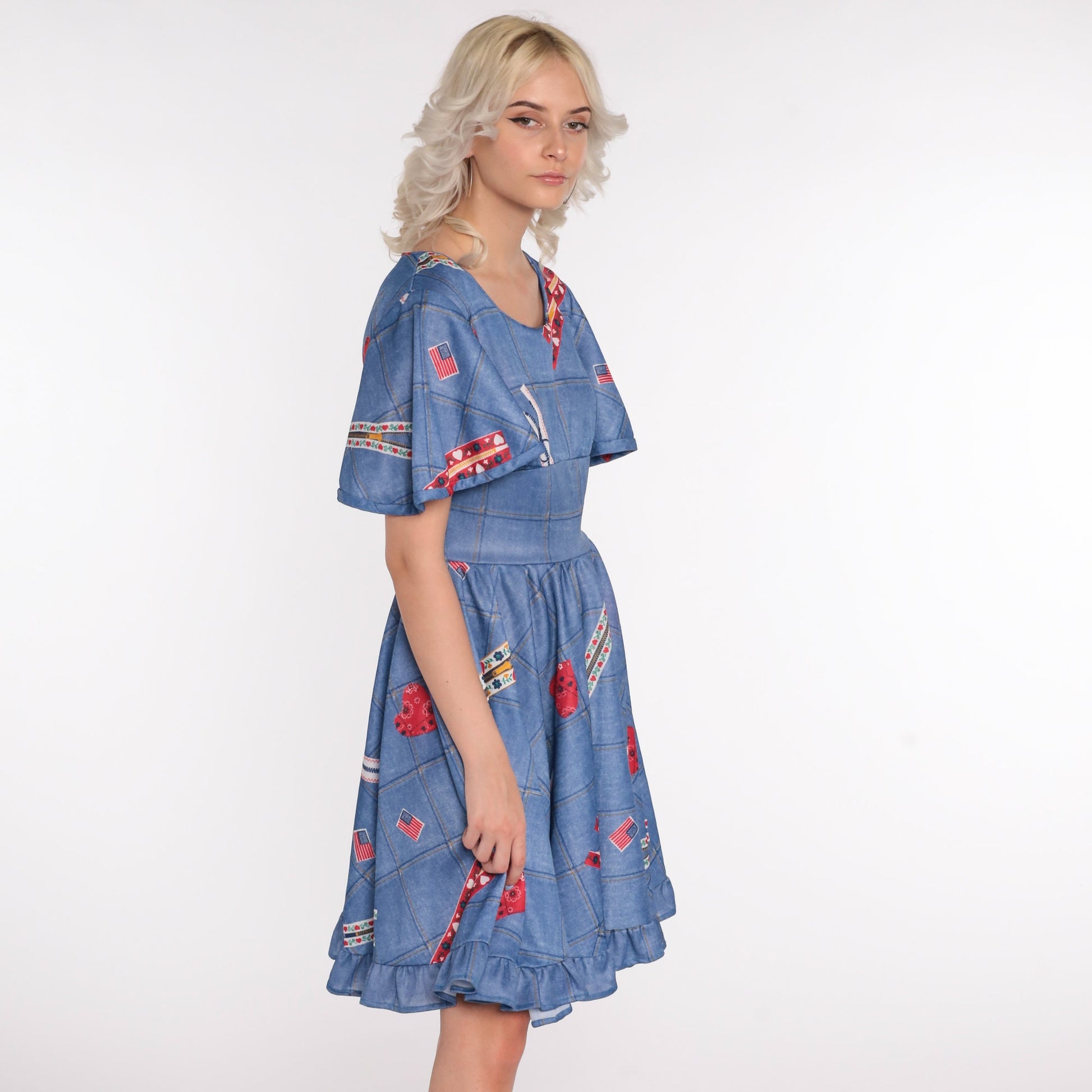 70s Babydoll Mini Dress Heart Zipper Flag Novelty Print Blue Small