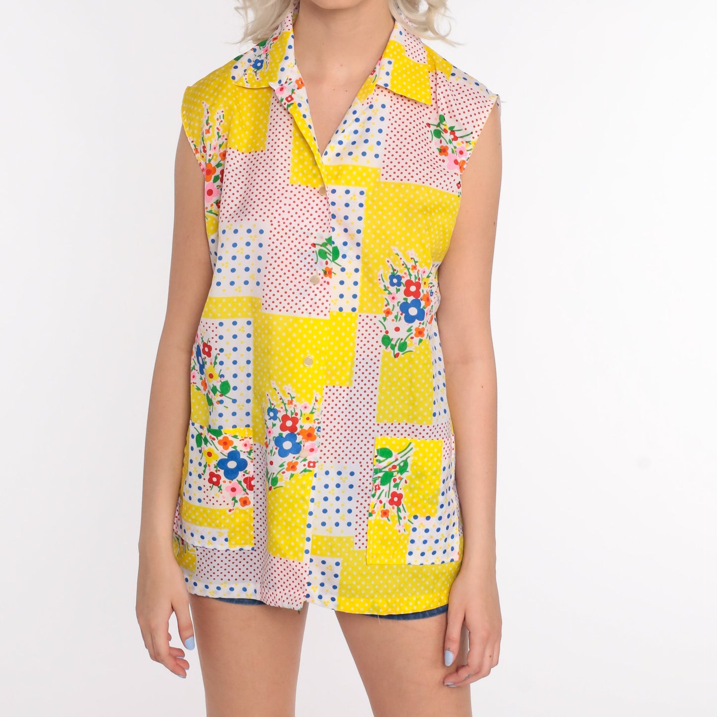 70s Floral Patchwork Button-Up Blouse White Sleeveless Collared Medium Large