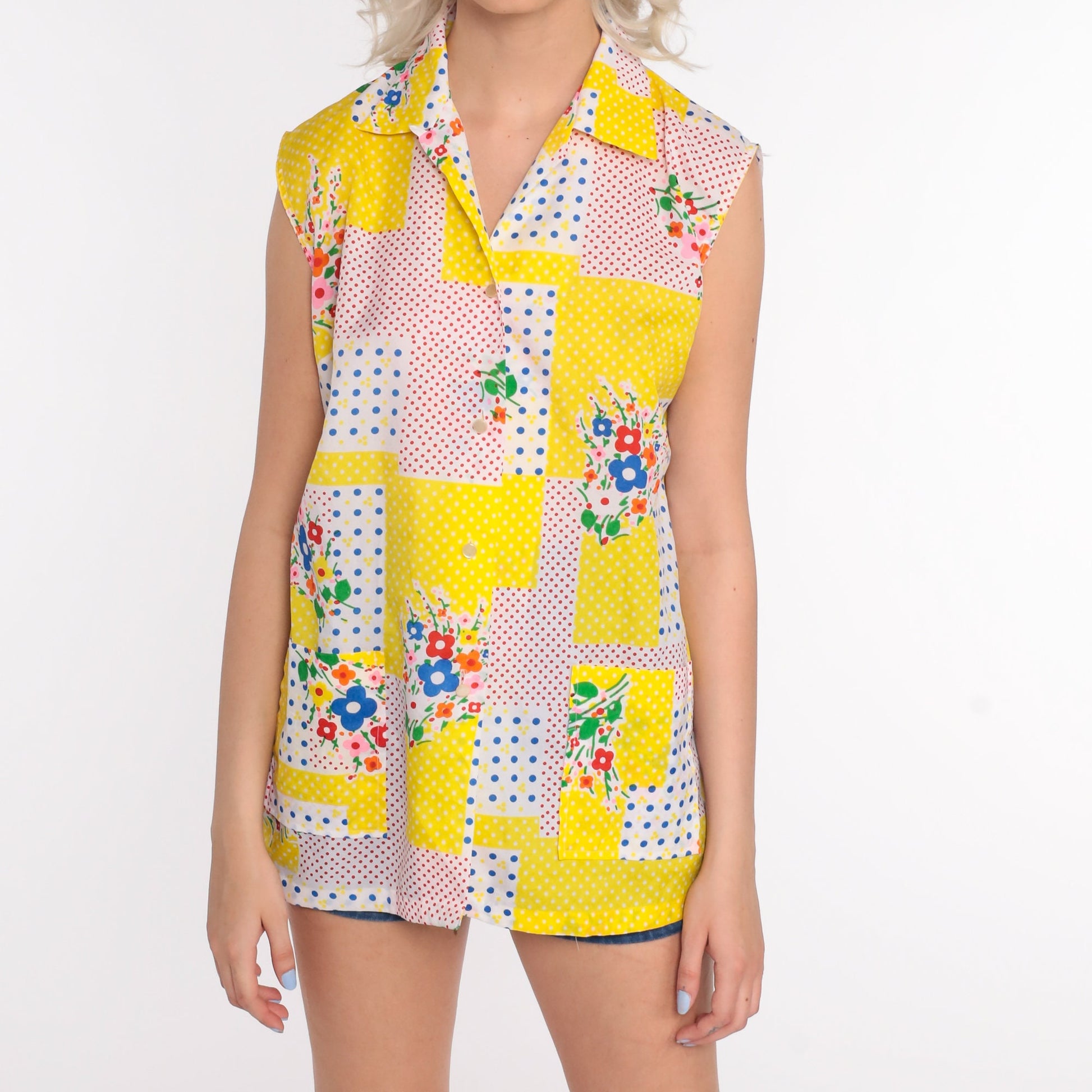 70s Floral Patchwork Button-Up Blouse White Sleeveless Collared Medium Large