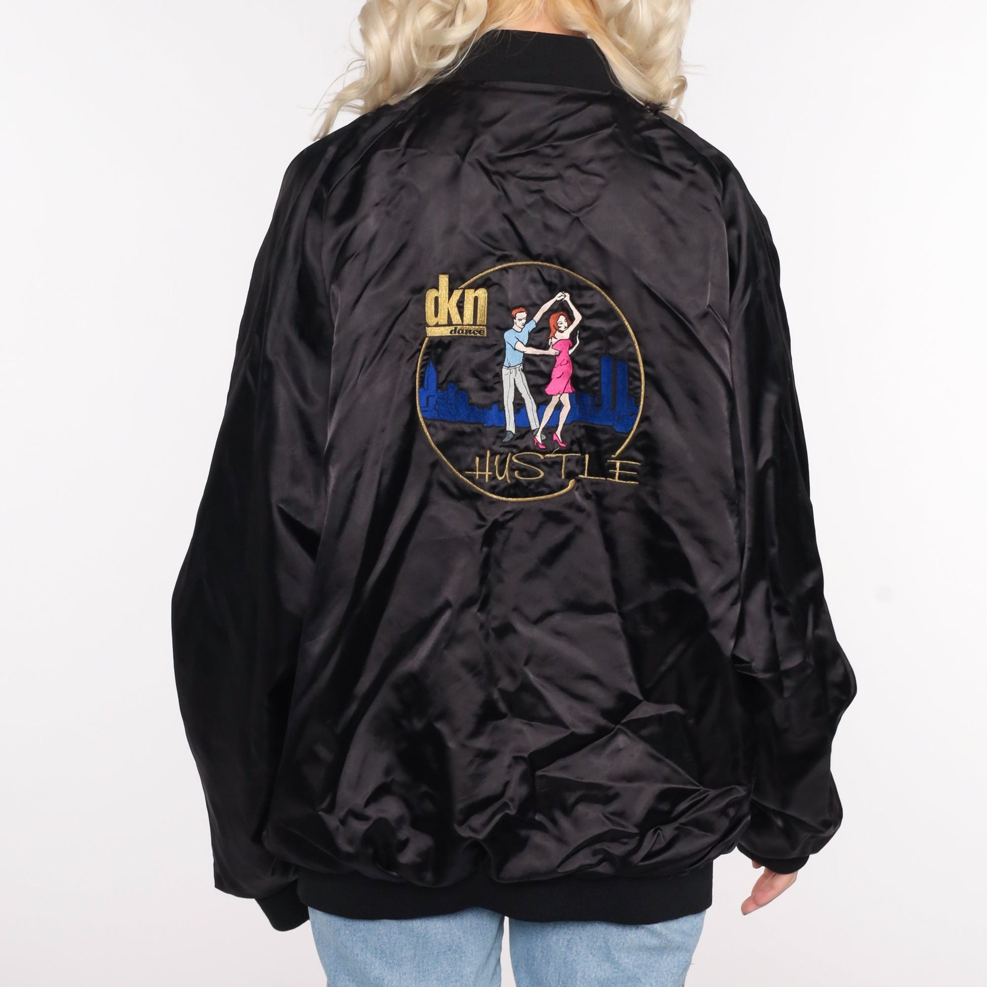 80s DKN Dance Black Bomber Jacket Satin Windbreaker Extra Large XL