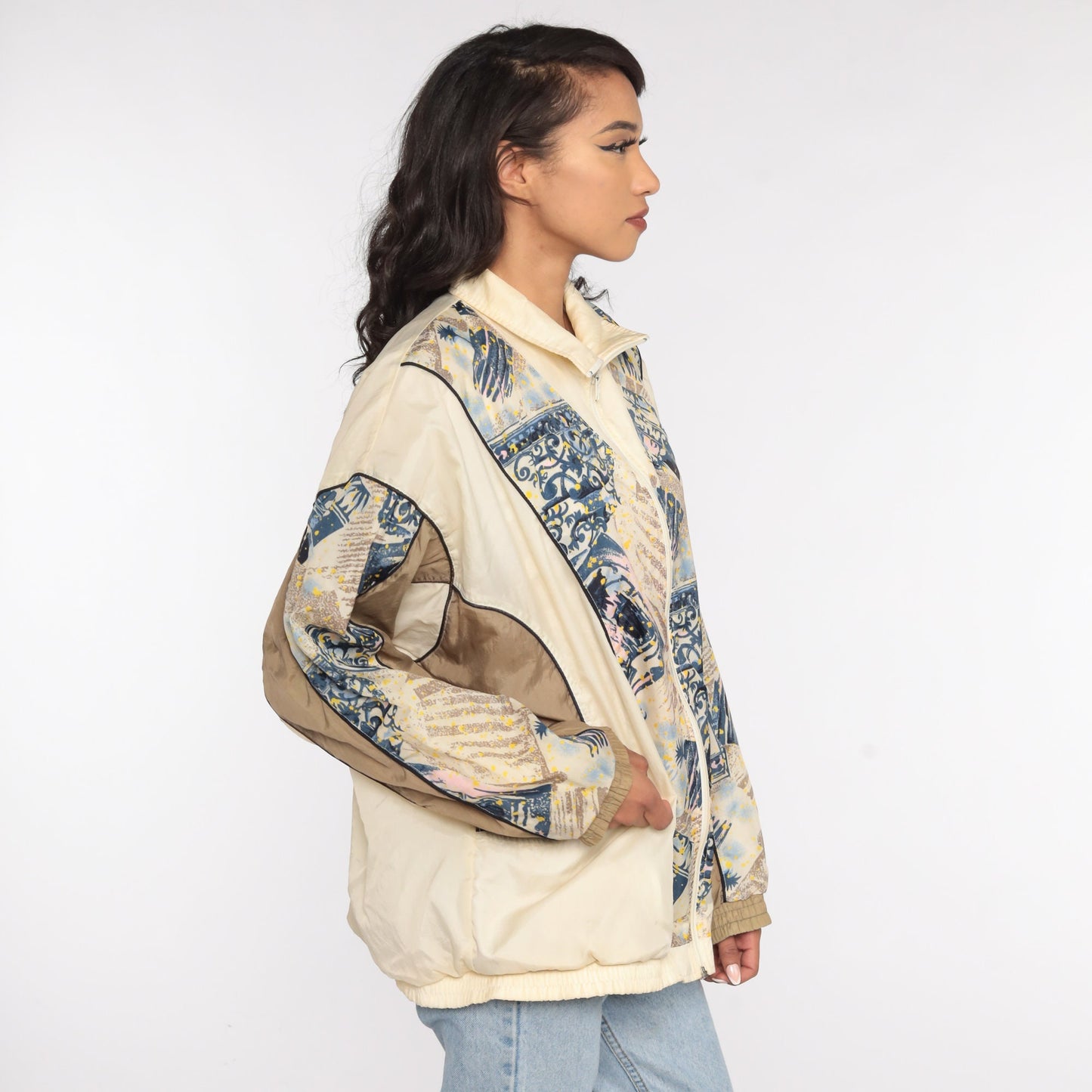 90s Windbreaker Jacket Cream Abstract Print Nylon Extra Large XL