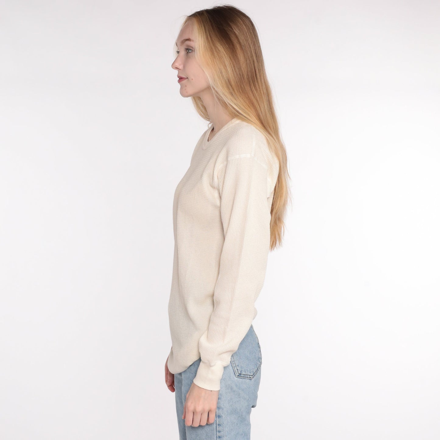 80s Hanes Cream Waffle Knit Thermal Long Sleeve Shirt Medium Large