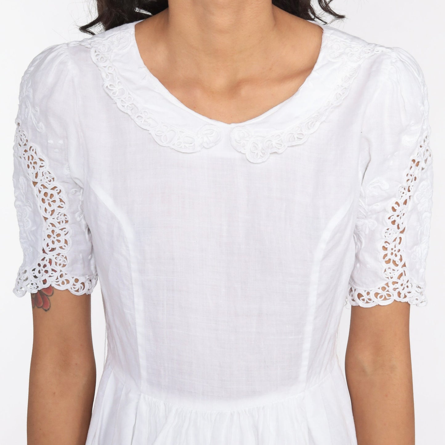 1970s White Linen Cotton Midi Dress Peter Pan Collar Puff Sleeve Small