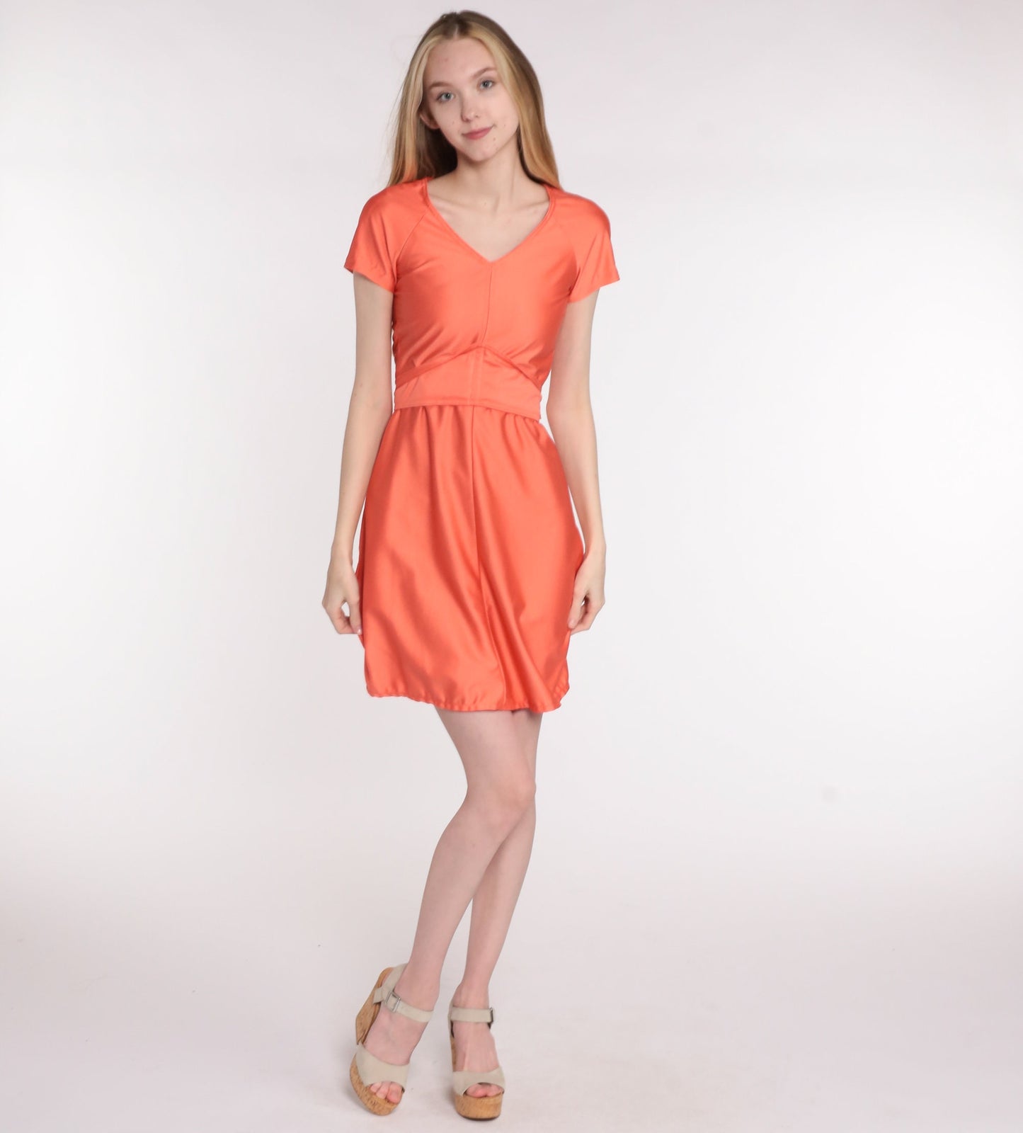 70s Orange Babydoll Mini Dress Empire Waist Deep V Neck Extra Small