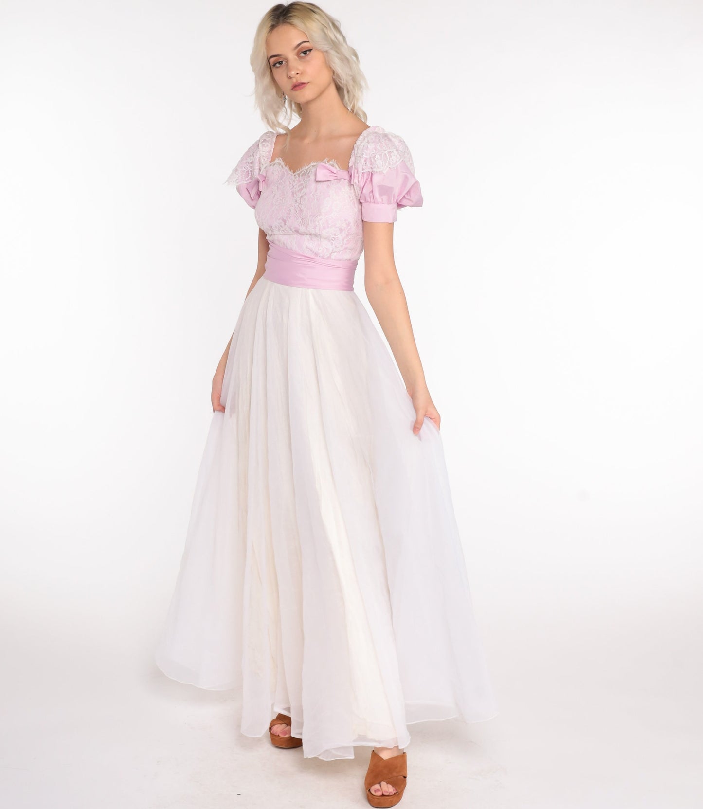 70s Puff Sleeve Maxi Dress Chiffon Lace White Lavender Off-Shoulder Extra Small