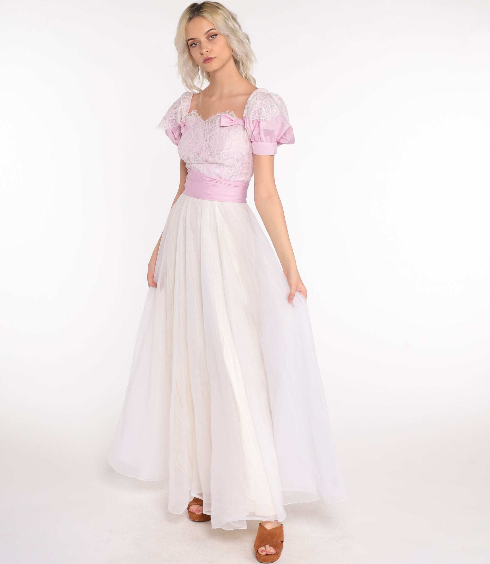 70s Puff Sleeve Maxi Dress Chiffon Lace White Lavender Off-Shoulder Extra Small