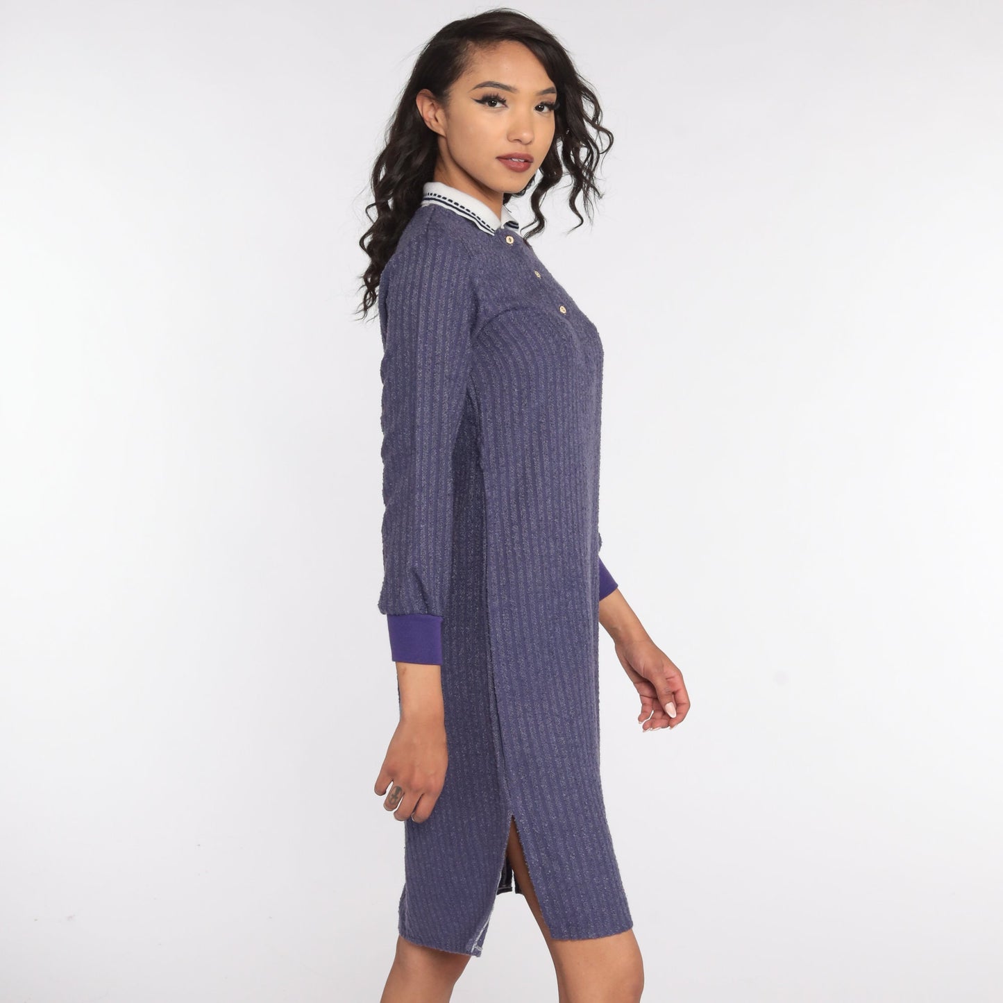 80s Purple Terry Cloth Polo Dress Knee-Length White Collar Small