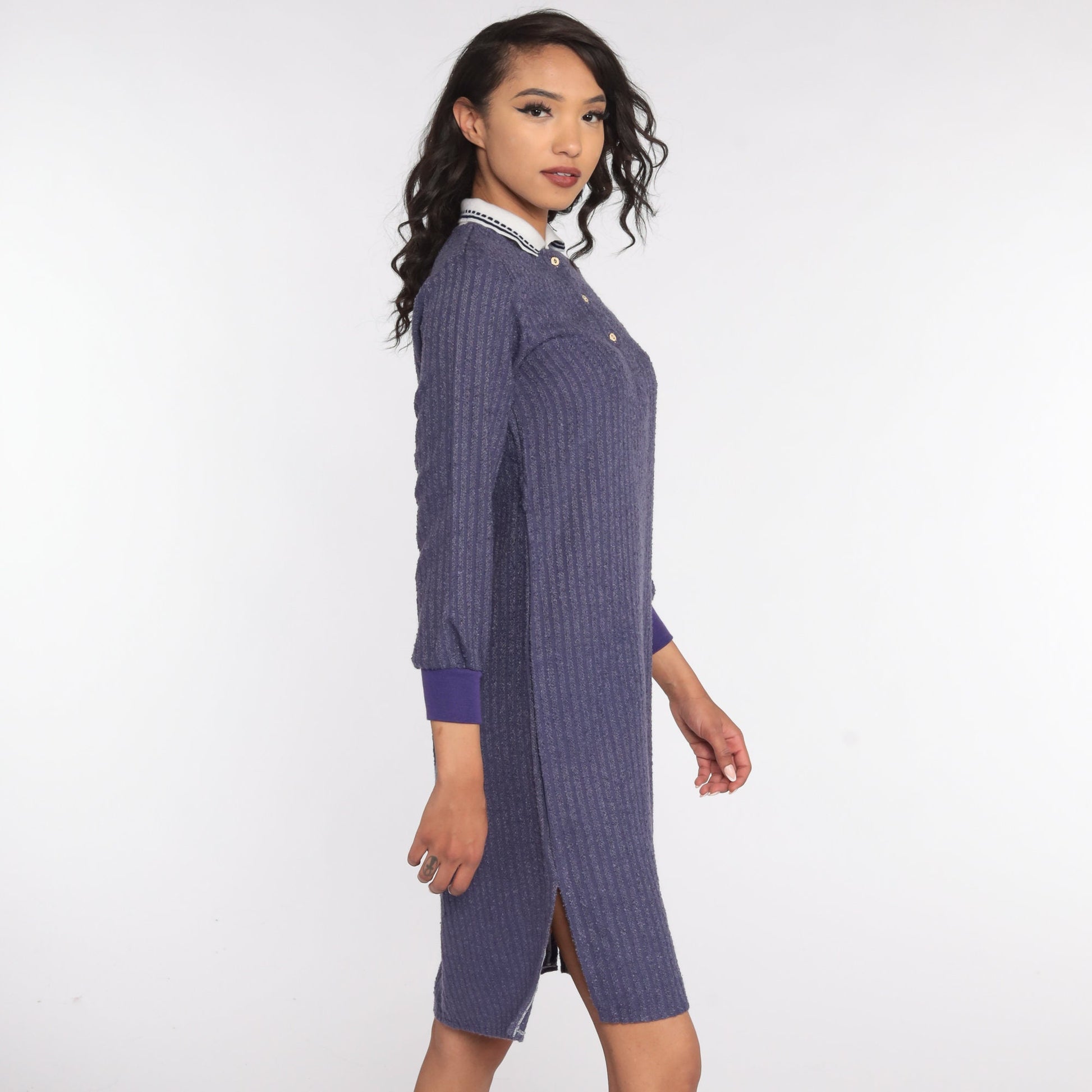 80s Purple Terry Cloth Polo Dress Knee-Length White Collar Small