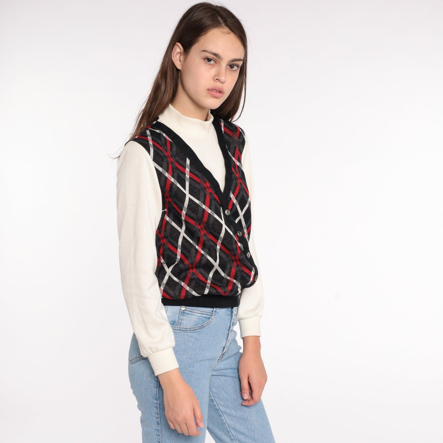 80s Plaid Mock Neck Sweatshirt with Attached Vest Small