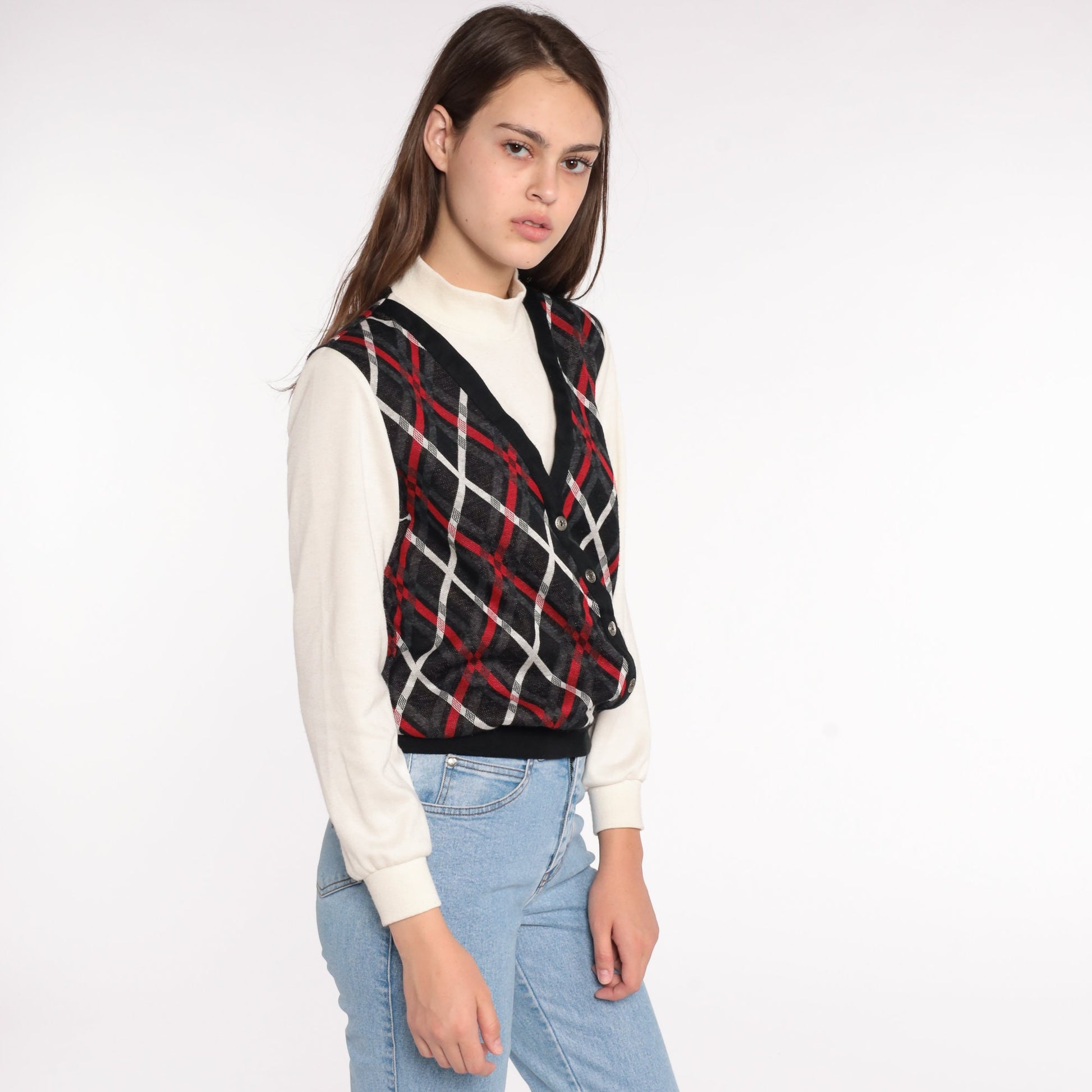 80s Plaid Mock Neck Sweatshirt with Attached Vest Small