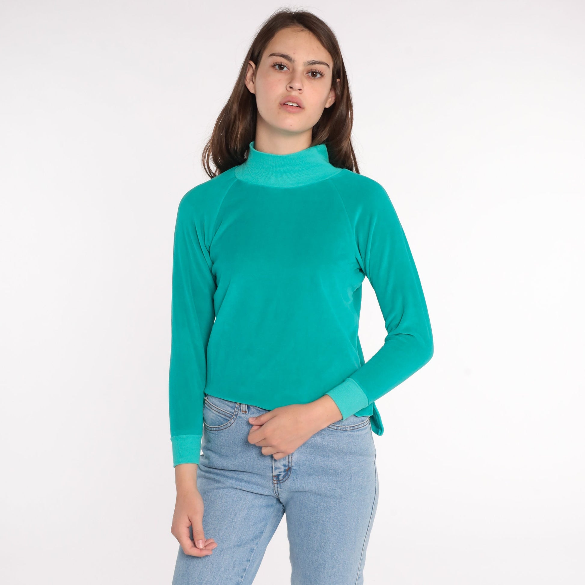 80s Teal Velour Mock Neck Long Sleeve Shirt Small