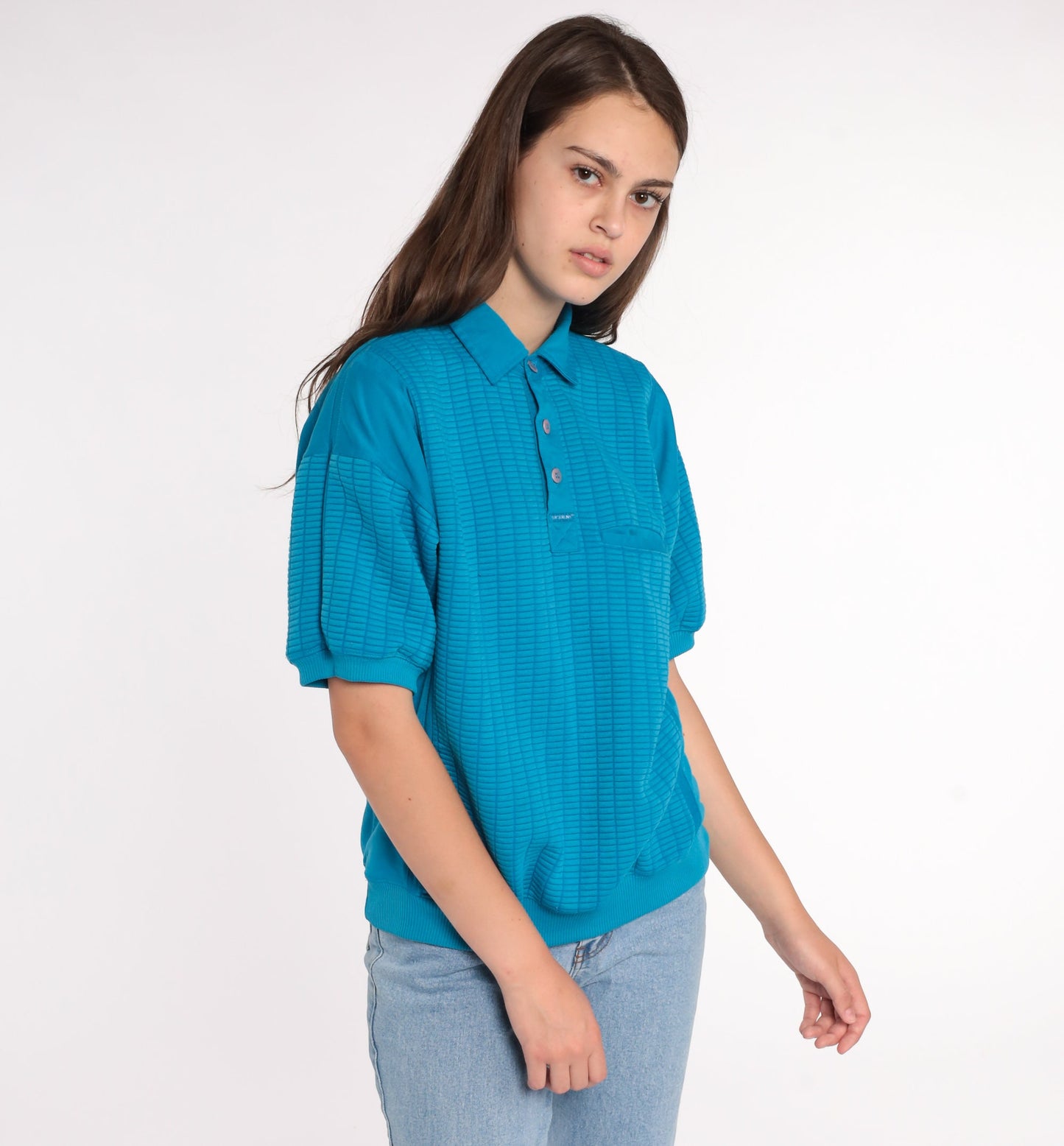 80s Blue Polo Shirt Short Sleeve Button Neck Vintage Top Large
