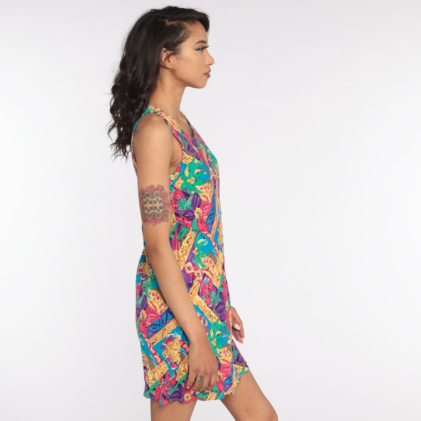 90s Floral Mini Shift Dress Sleeveless Summer Sundress Medium