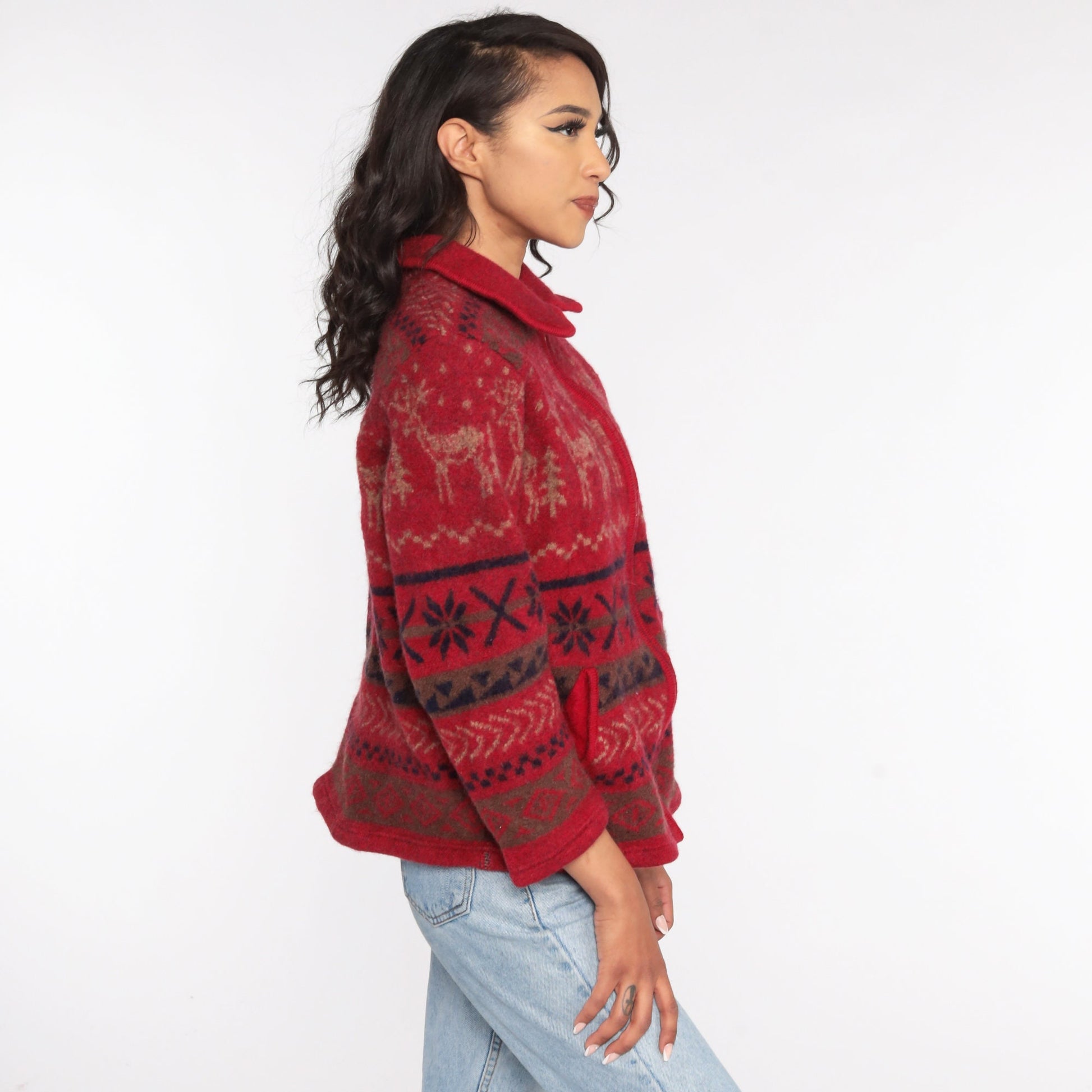90s Venezia Wool Nordic Reindeer Zip Jacket Red Fair Isle Large L