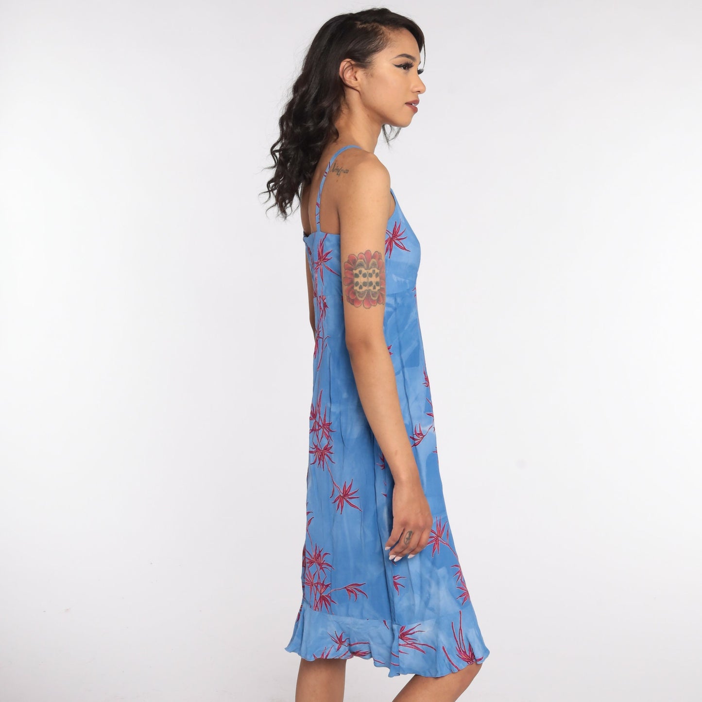 90s Tropical Floral Mini Sundress Blue Rayon Spaghetti Strap Extra Small