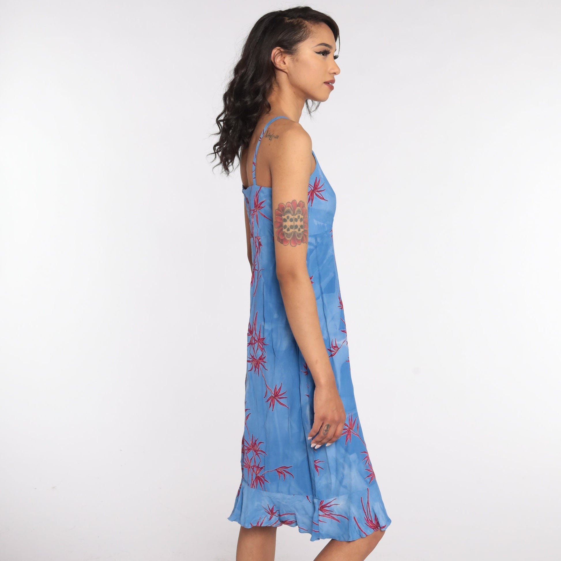 90s Tropical Floral Mini Sundress Blue Rayon Spaghetti Strap Extra Small
