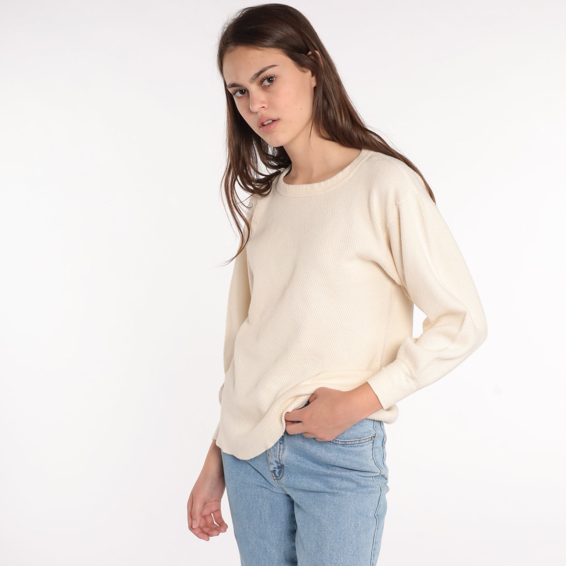 70s Cream Thermal Waffle Knit Long Sleeve Shirt Medium