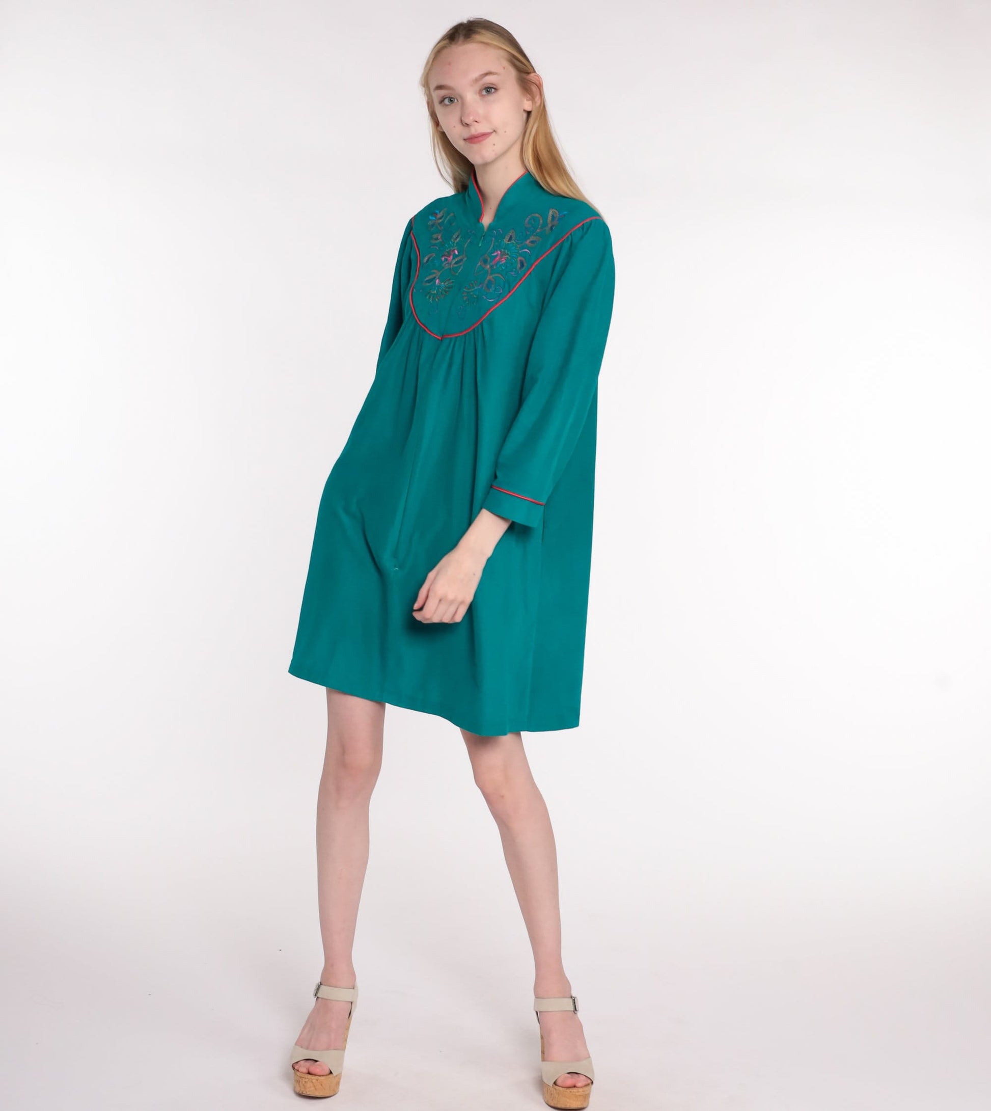 70s Velour Lounge Dress Teal Floral Embroidered Mini Front Zip Small Medium