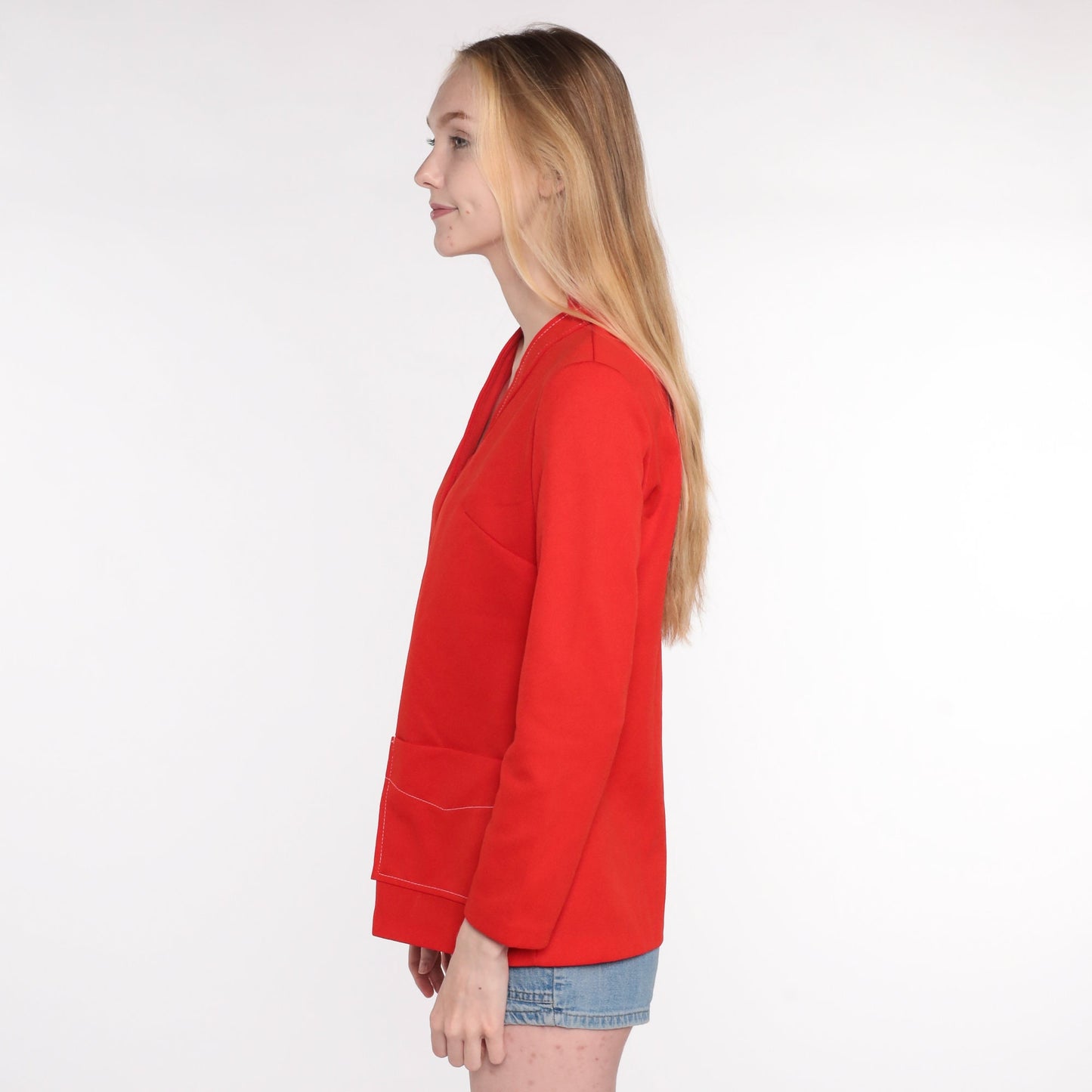 70s Red Polyester Button-Up Blouse Long Sleeve Pocket Shirt Medium