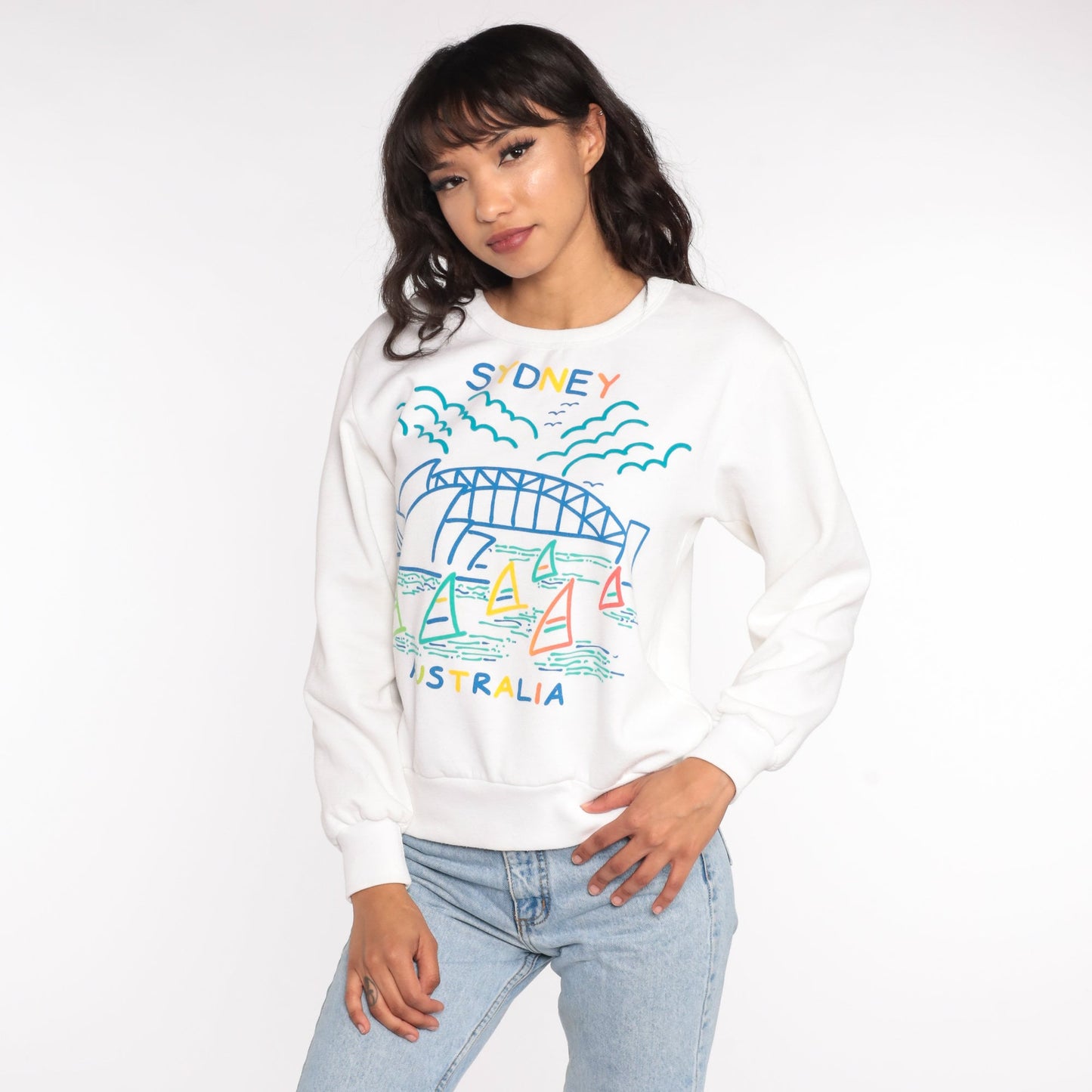 90s Sydney Opera House Harbour Bridge Sweatshirt White Graphic Crewneck Small