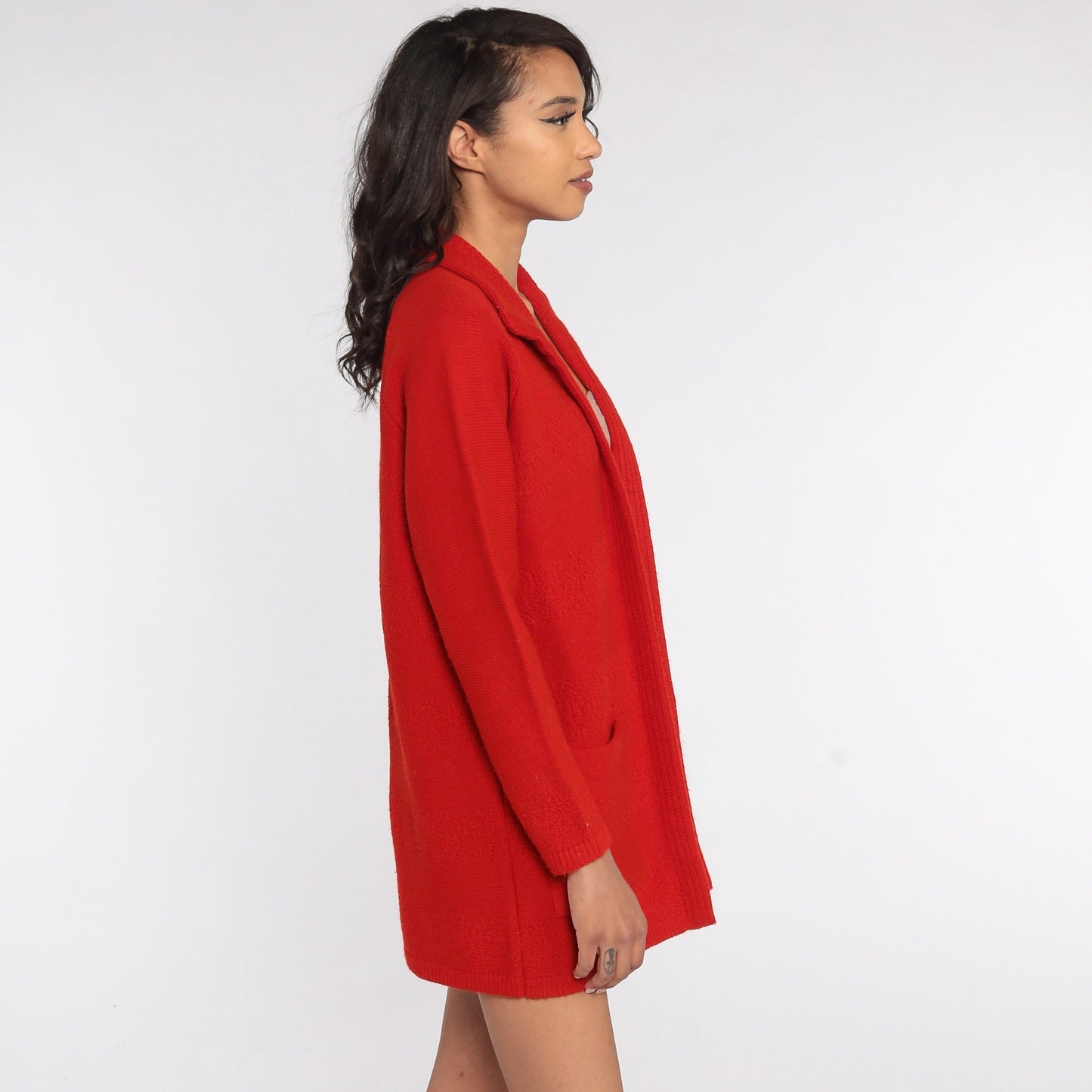 70s Red Cardigan Sweater Open Front Knit Large L