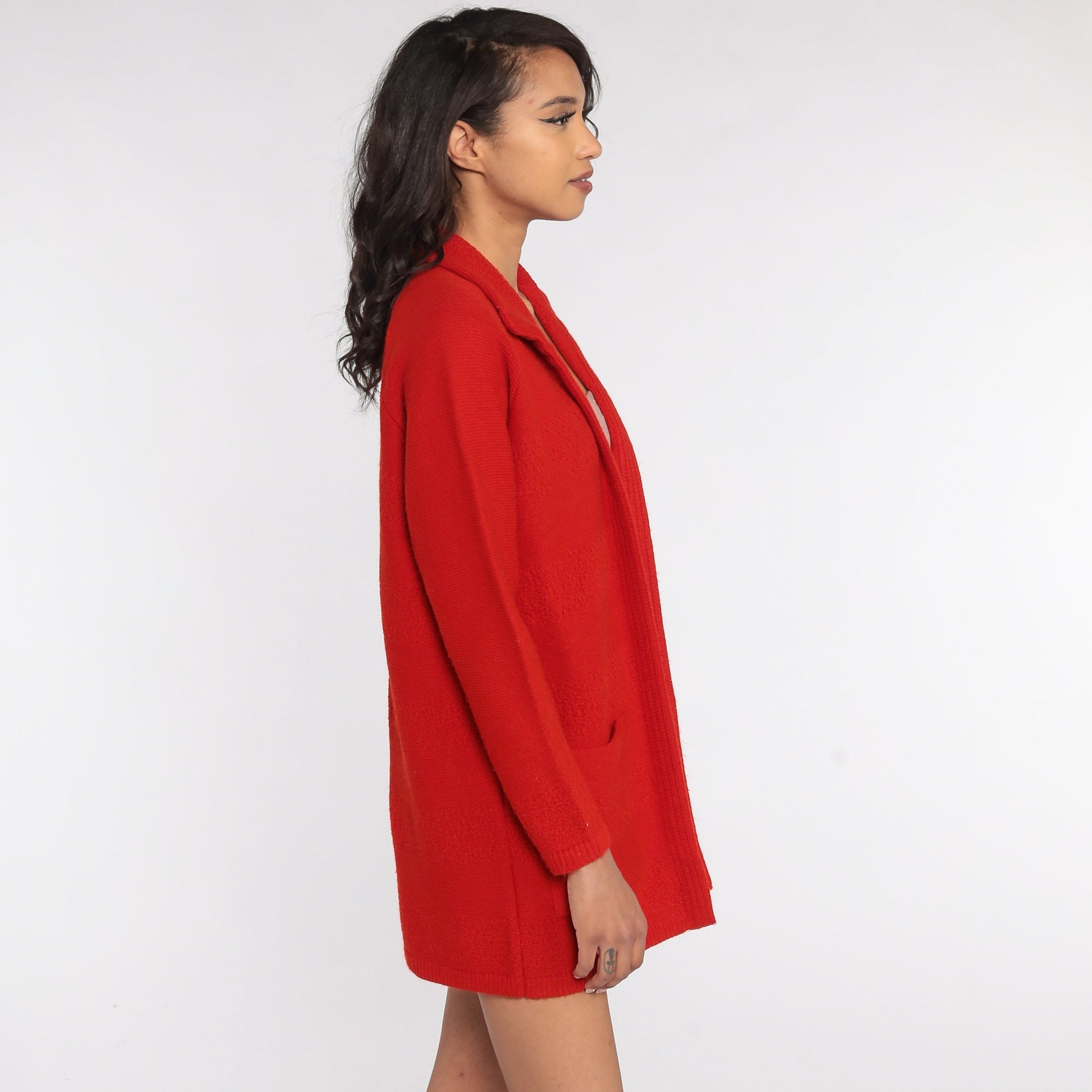 70s Red Cardigan Sweater Open Front Knit Large L