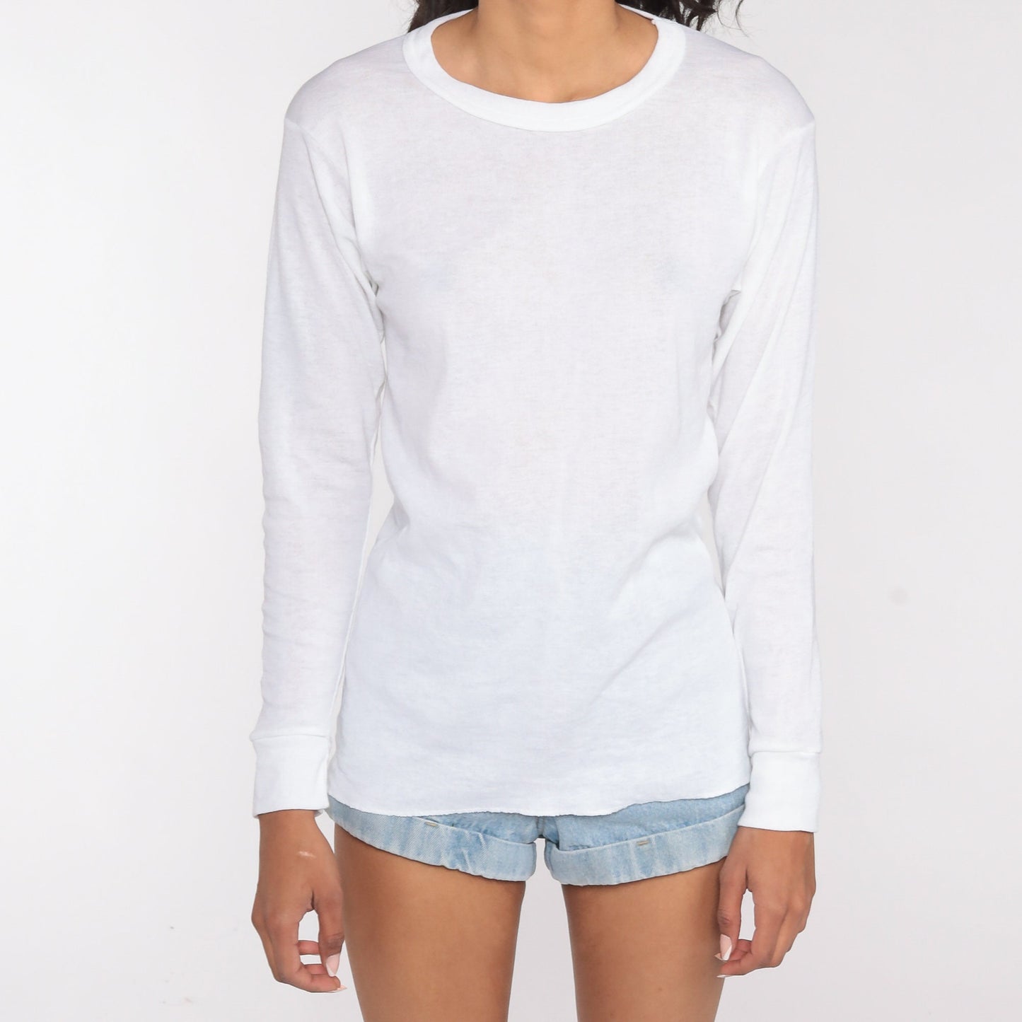 80s Plain White Long Sleeve T-Shirt Vintage Tee Small Medium