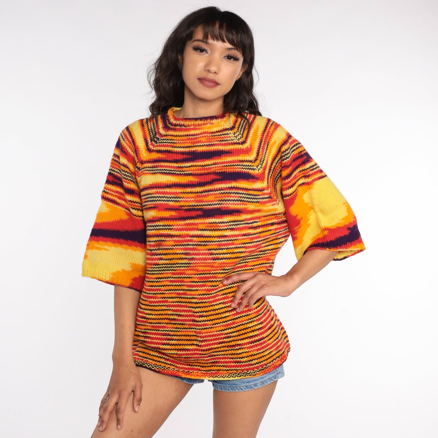 70s Space Dye Knit Sweater Wide Sleeve Pullover Orange Large L