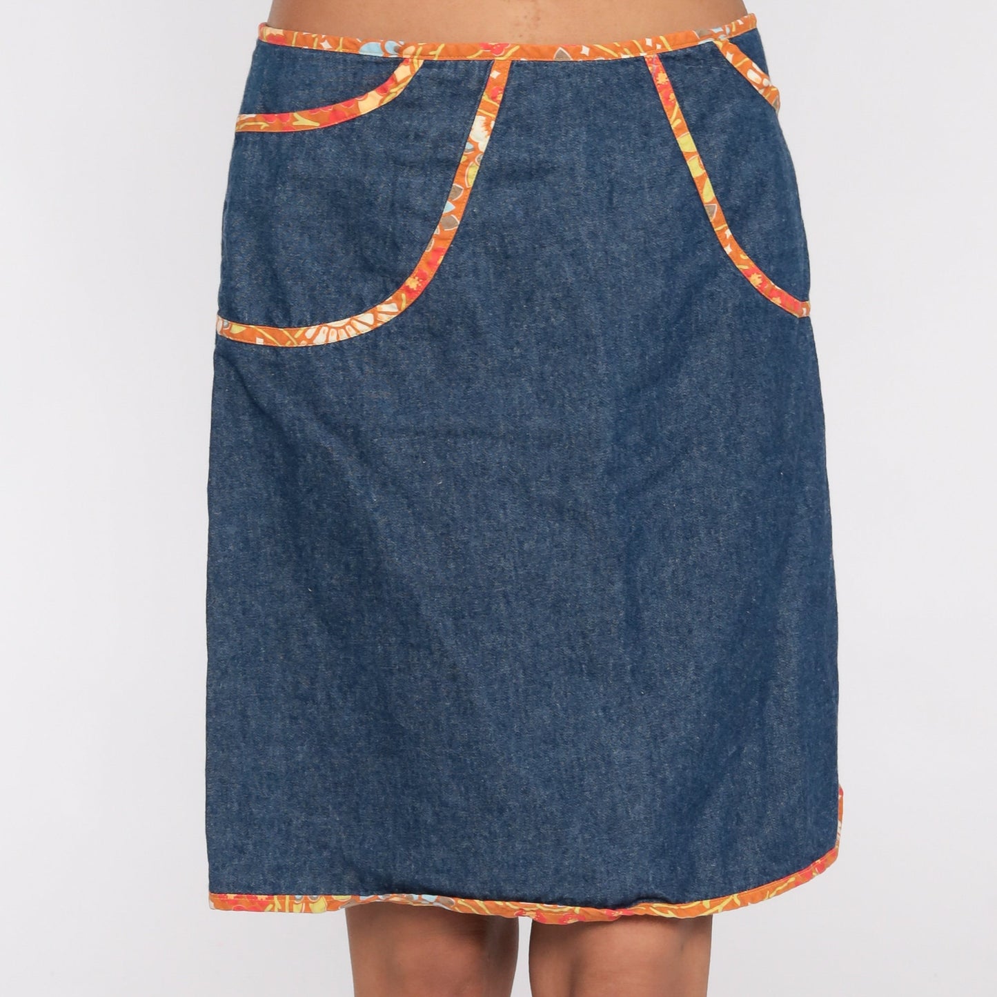 90s Denim Mini Skirt Floral Trim High Waisted Jean Skirt Medium