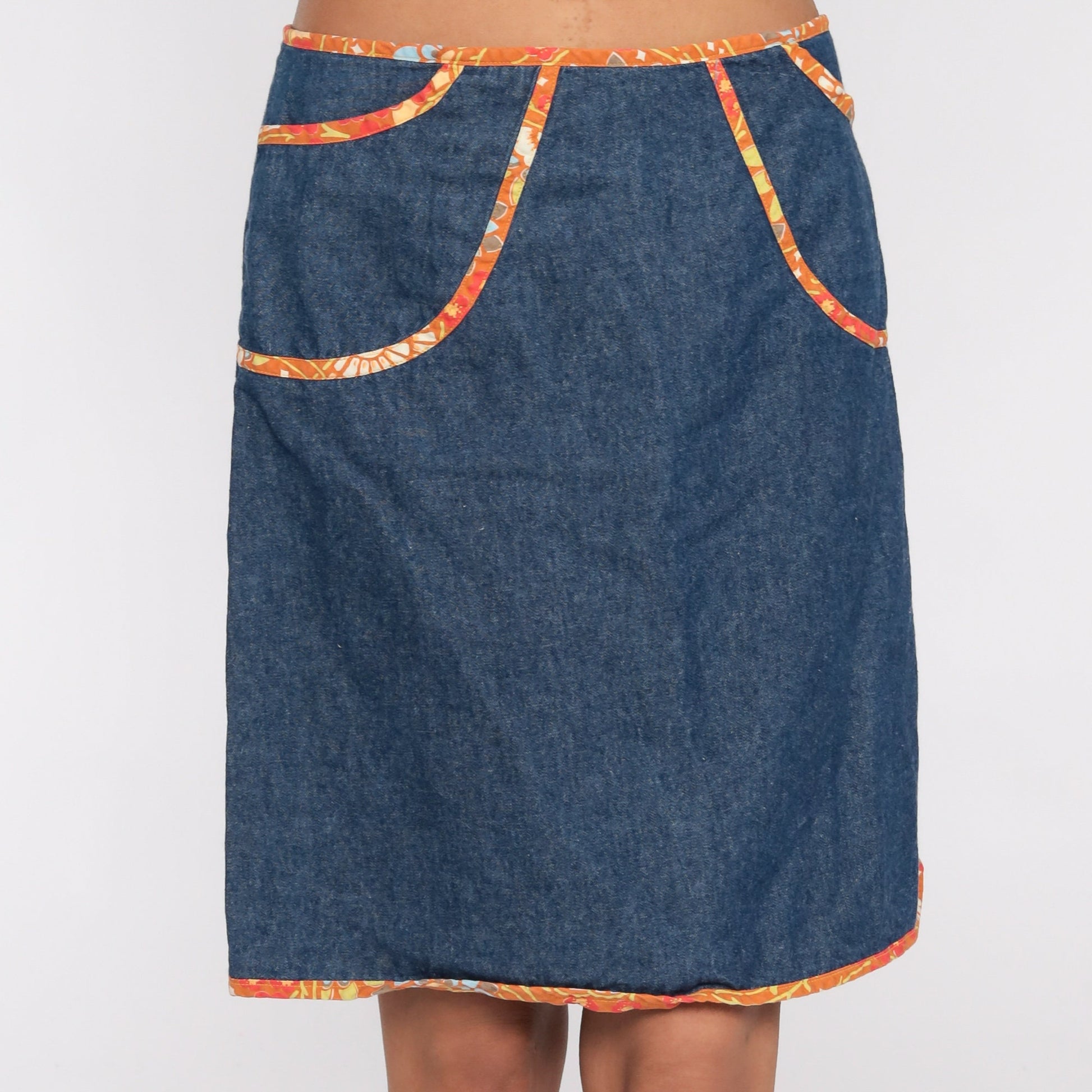 90s Denim Mini Skirt Floral Trim High Waisted Jean Skirt Medium
