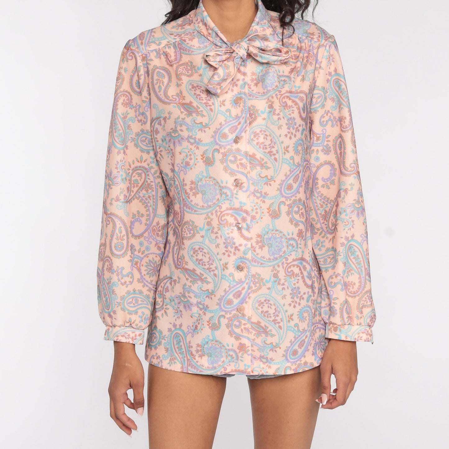 70s Paisley Ascot Blouse Button-Up Long Sleeve Neck Tie Top Medium Large