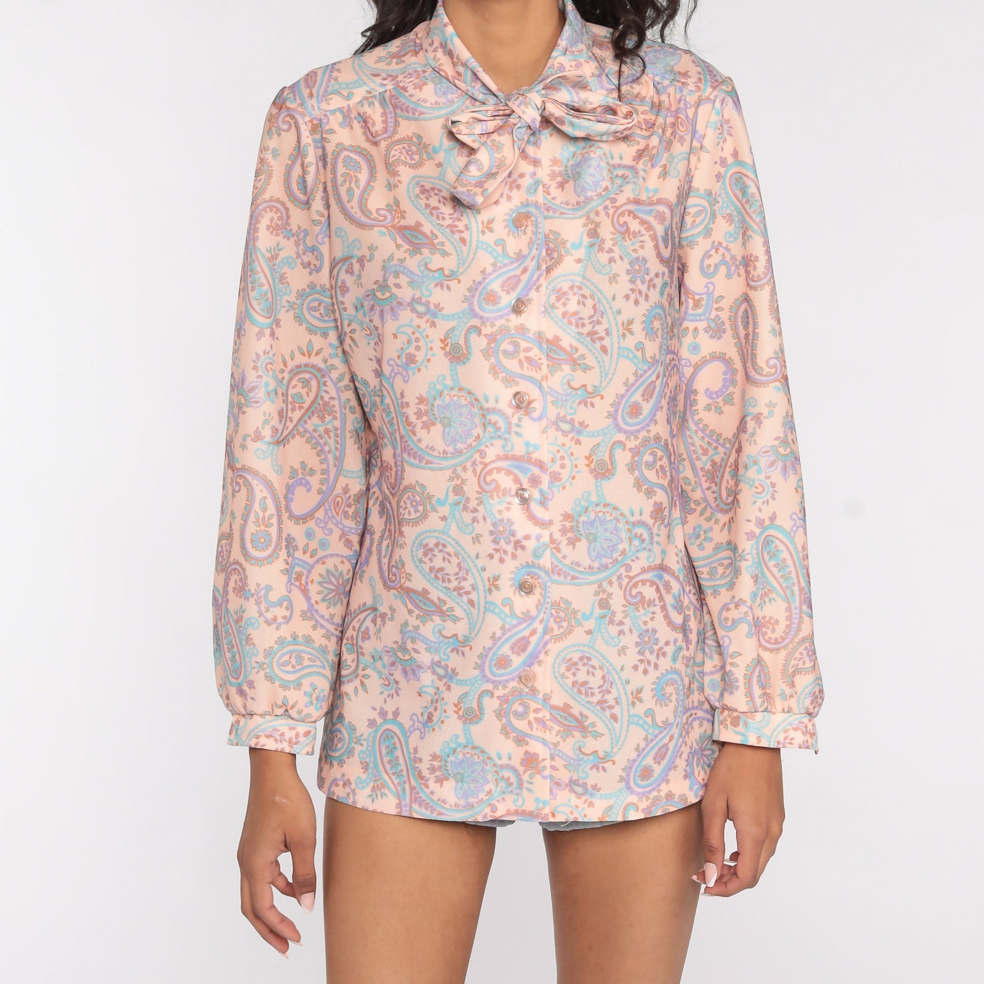 70s Paisley Ascot Blouse Button-Up Long Sleeve Neck Tie Top Medium Large