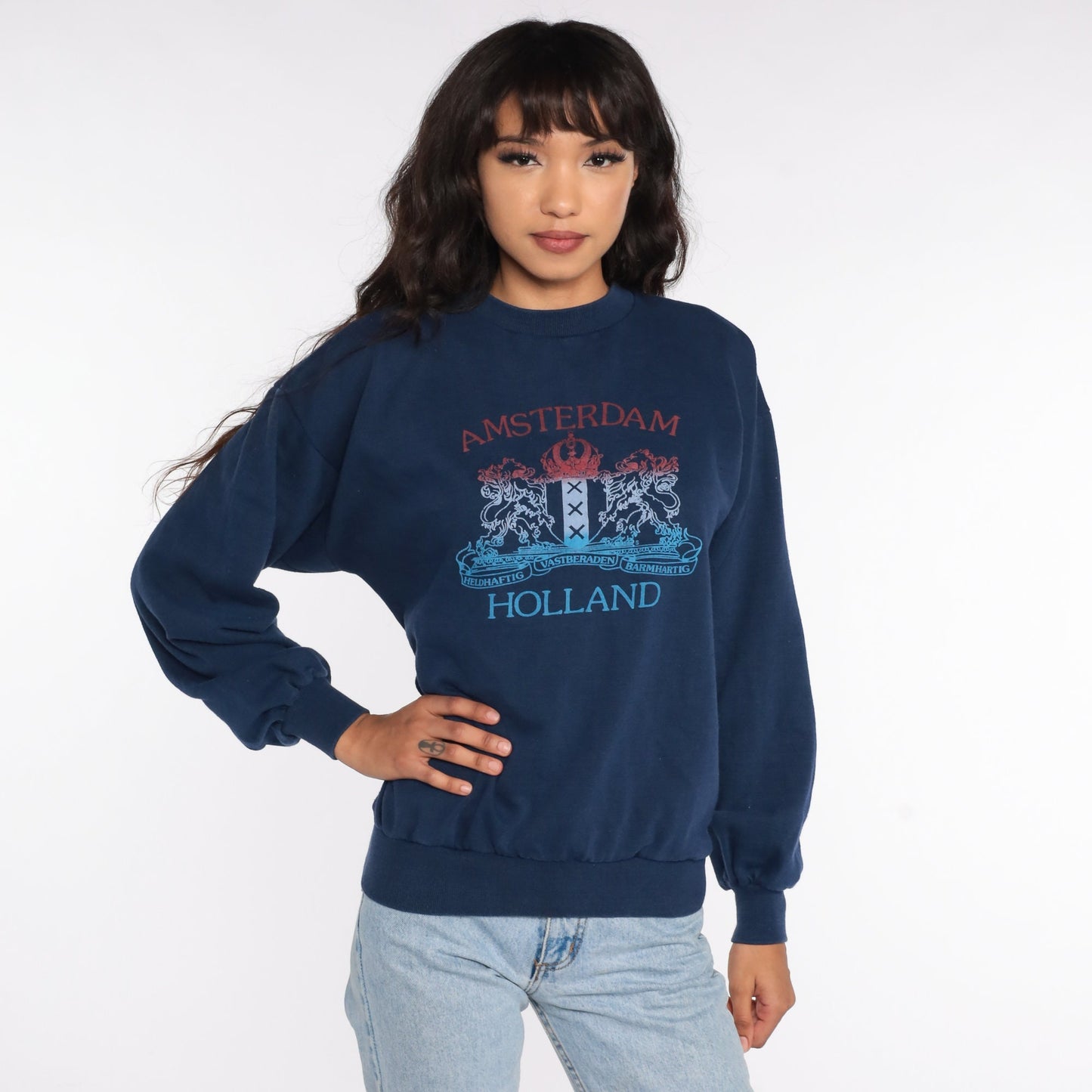 80s Amsterdam Holland Crest Sweatshirt Blue Graphic Crewneck Medium