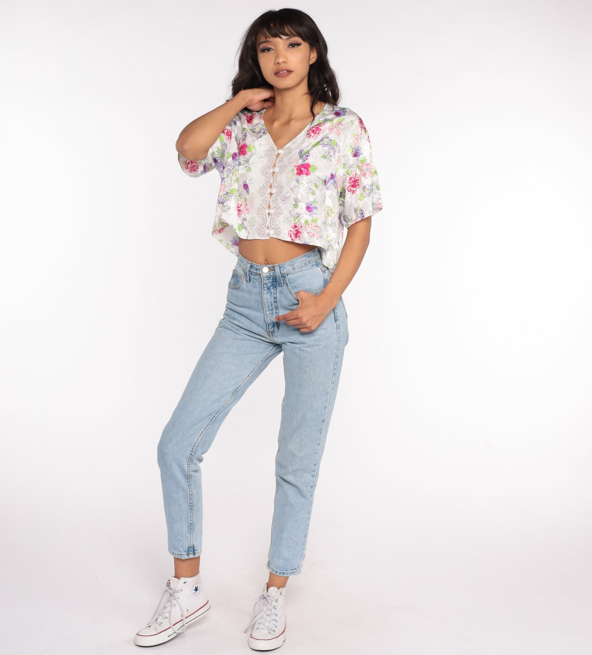 80s Floral Satin Lingerie Pajama Top Lace Crop Button-Up Large