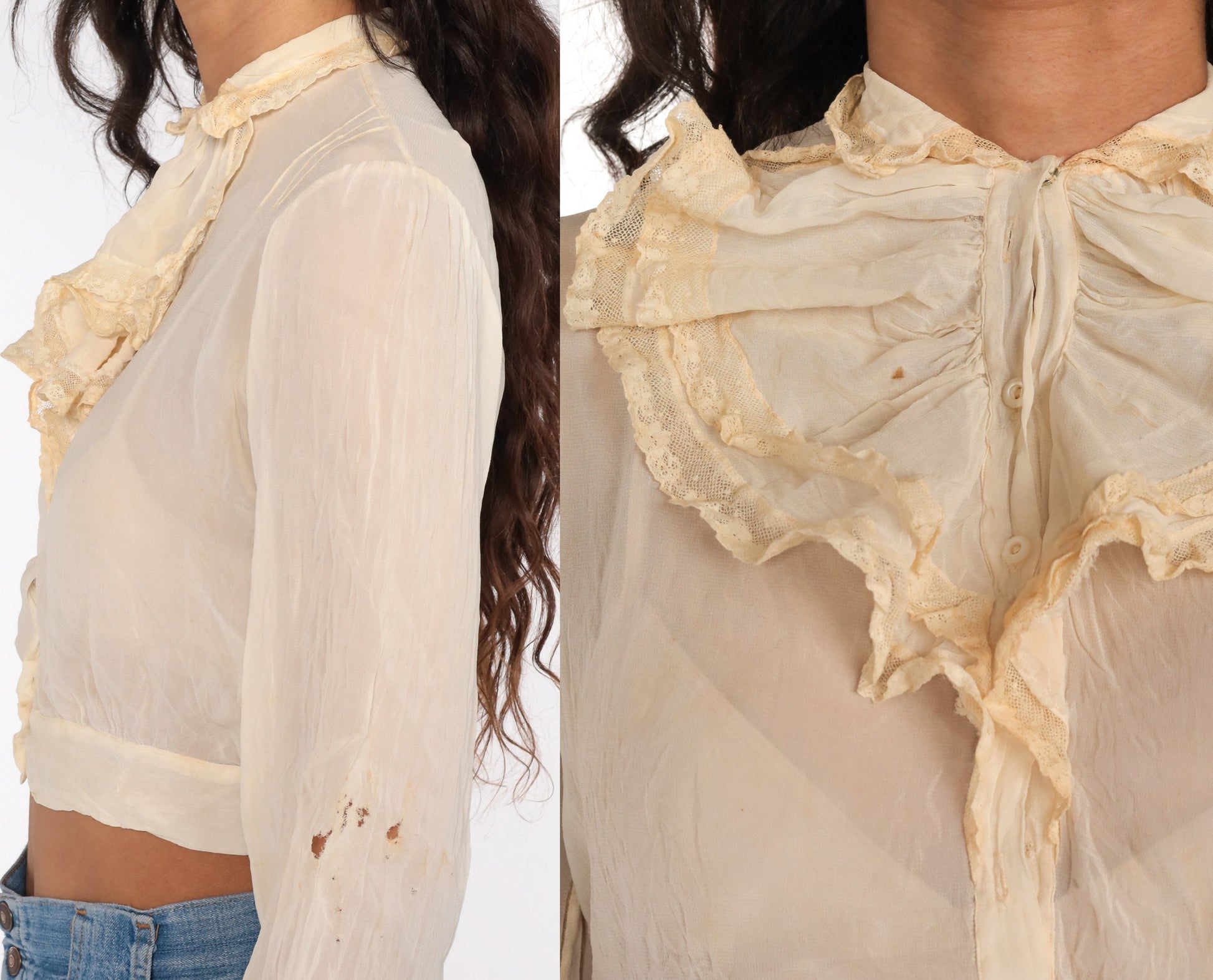 1940s Cream Chiffon Tuxedo Ruffle Blouse Crop Top Button Up Extra Small